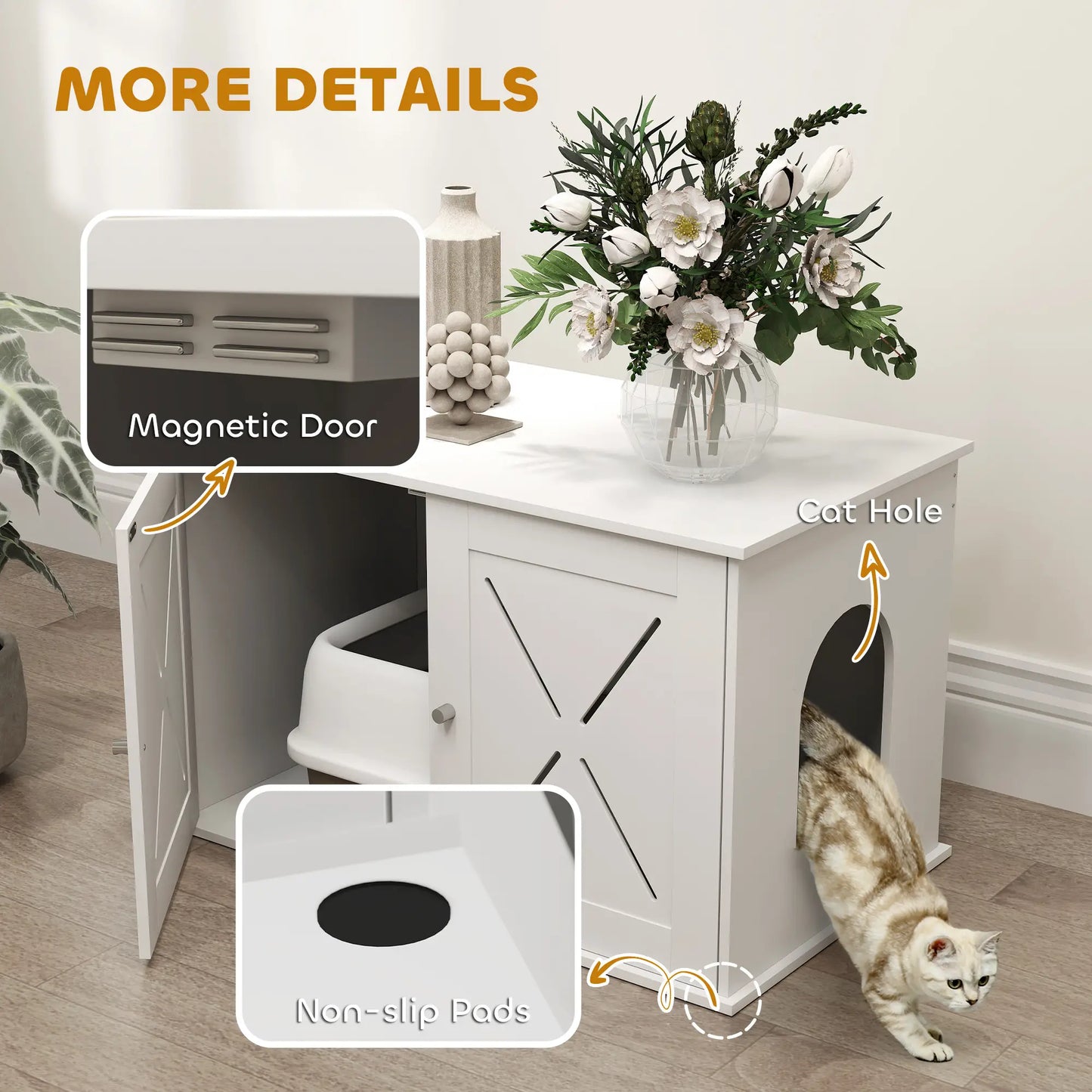 Hidden Cat Litter Box Enclosure, Double Doors, Hole, 31.5" x 19" x 20", White Cat Litter Box Enclosures at Gallery Canada