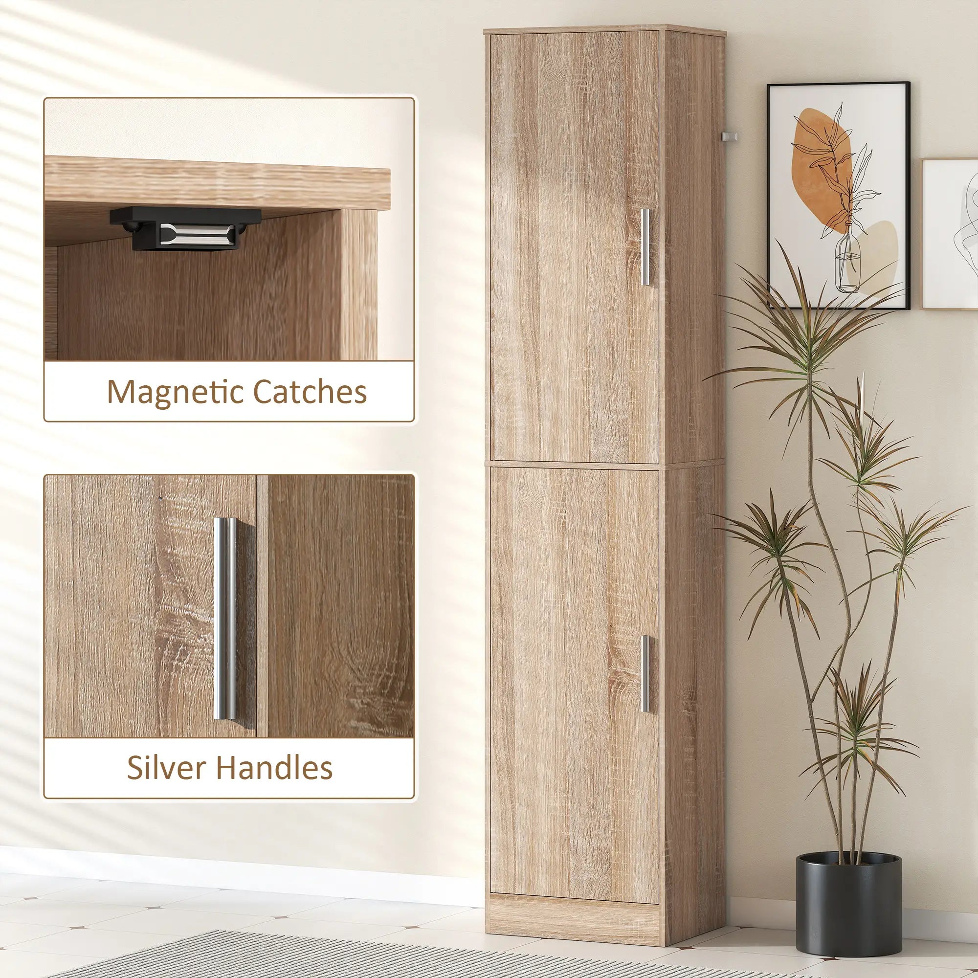 Tall Bathroom Cabinet, Slim 6-Tier Bathroom Floor Cabinet with 2 Doors and 4 Adjustable Shelves, Natural Wood Freestanding Bathroom Cabinets at Gallery Canada