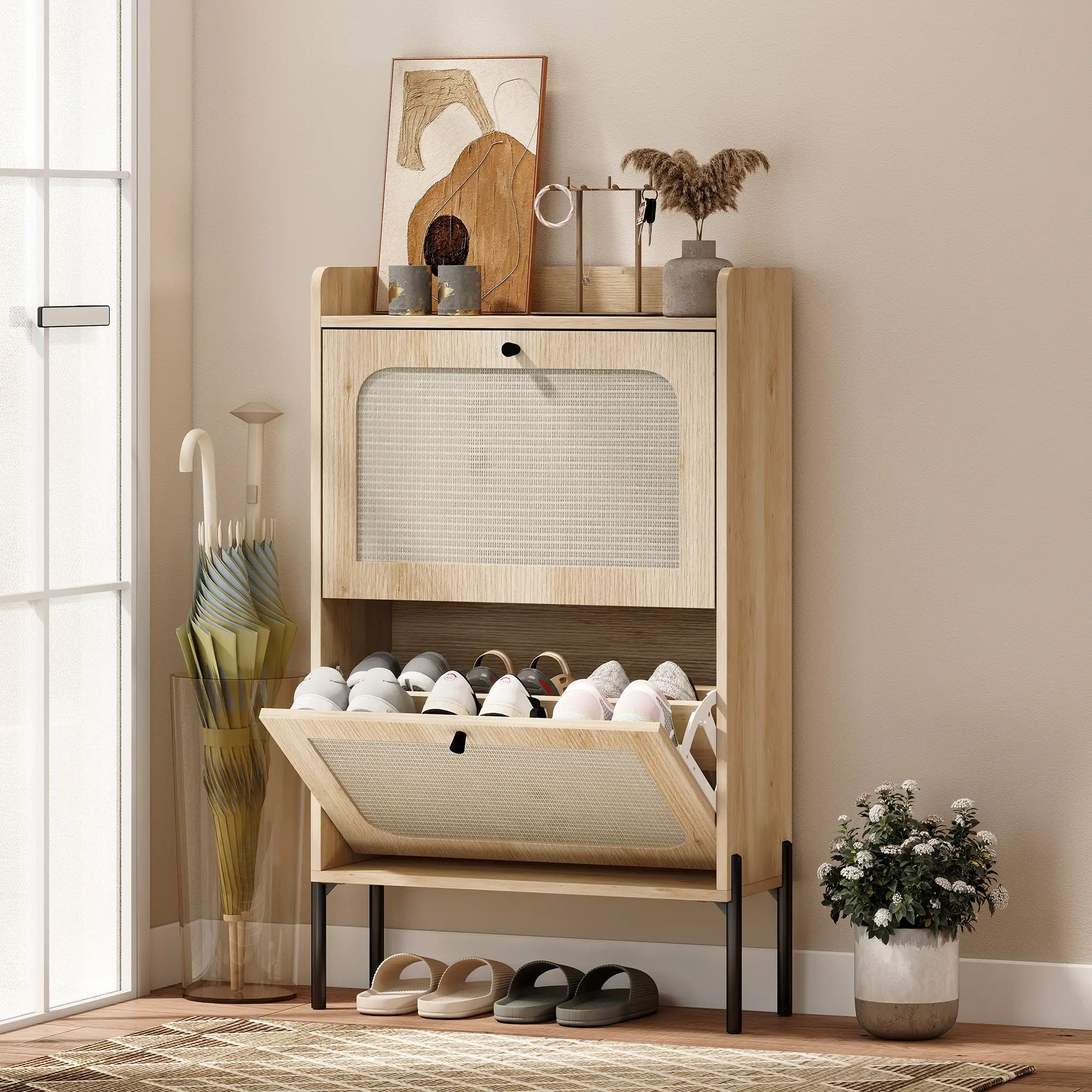 Shoe Cabinet With 2 Flip Drawers, Narrow Oak Storage Shoe Storage Cabinets & Racks at Gallery Canada