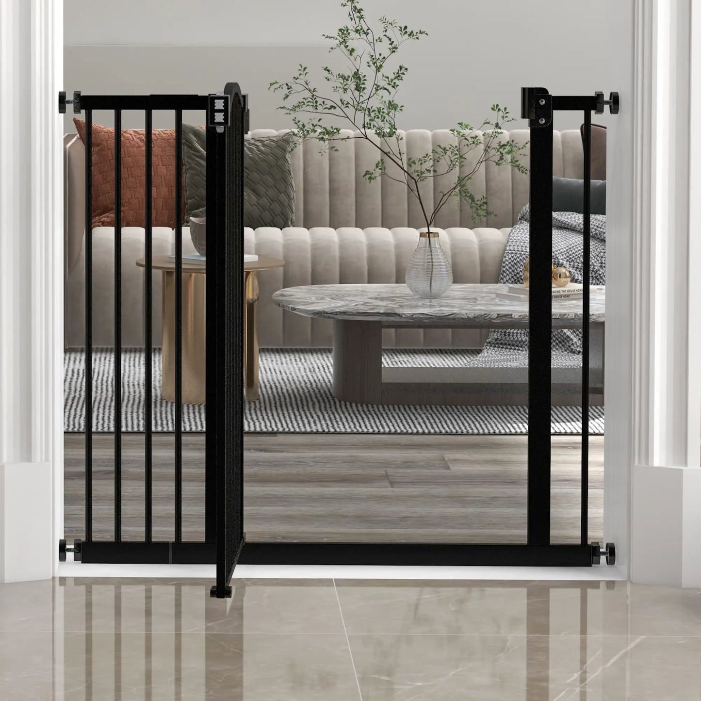 Extra Tall Dog Gate With Door, Pressure Fit, Auto Close, 29"-37", Black Dog Cages & Crates at Gallery Canada