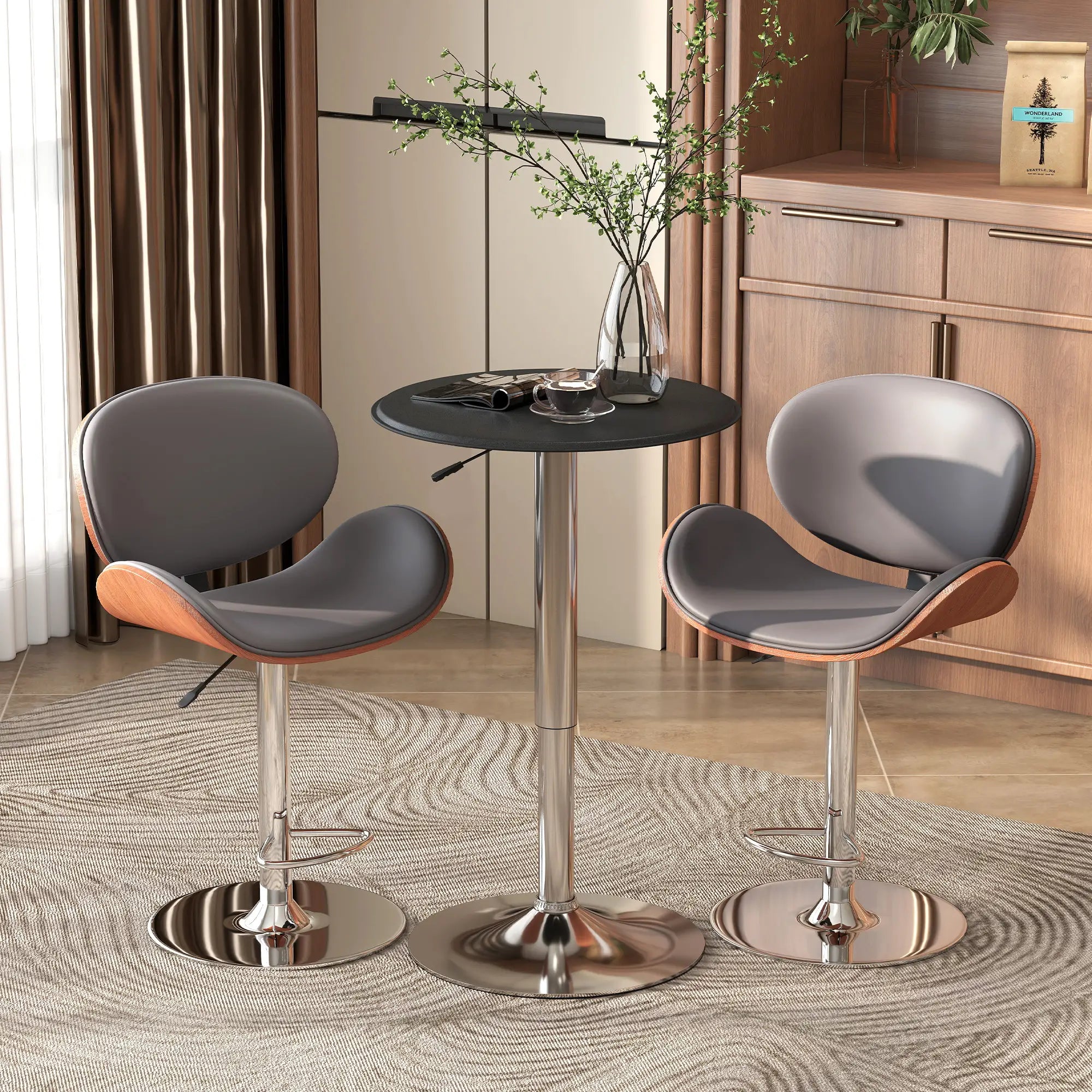 Round Bar Table, Adjustable Height, Faux Leather Top, Chrome Base, Black Bar Tables & Dining Tables at Gallery Canada