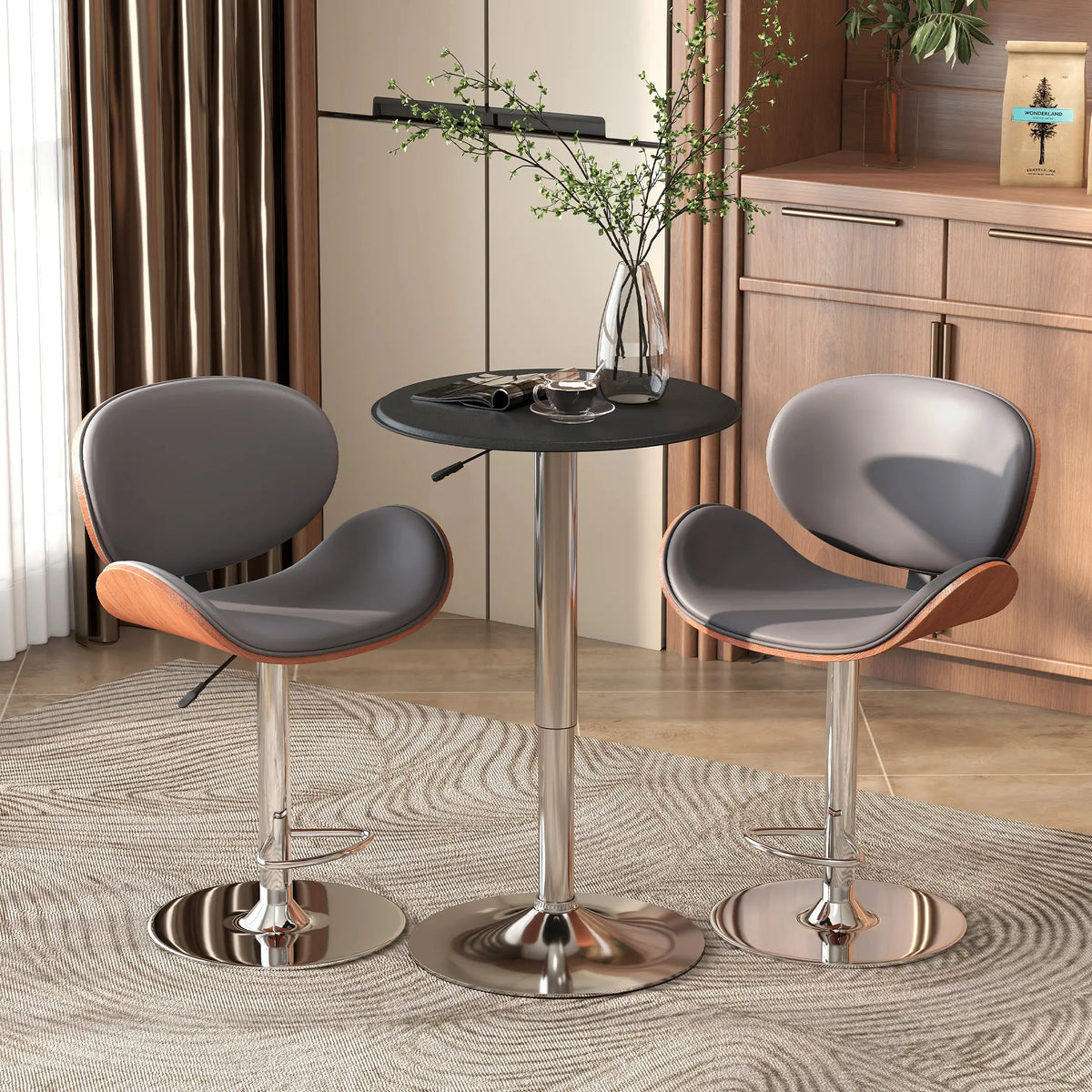 Round Bar Table, Adjustable Height, Faux Leather Top, Chrome Base, Black Bar Tables & Dining Tables at Gallery Canada