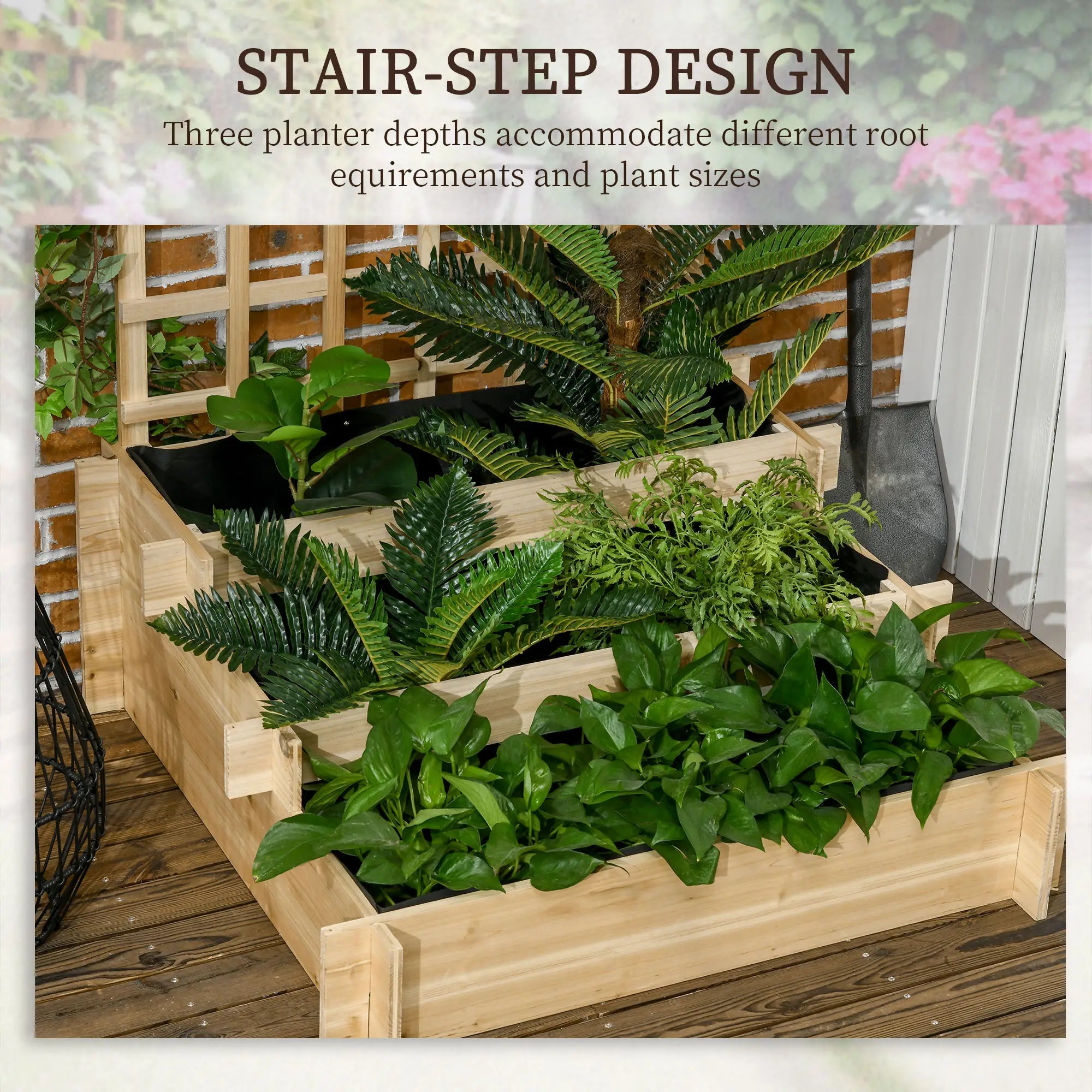 Wooden Elevated Planter Box with Trellis, 3 Tier Garden Bed, Outdoor, Natural Raised Garden Beds at Gallery Canada