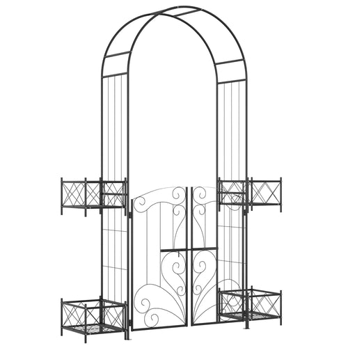 7.1FT Metal Garden Arch with Gate, 4 Planter Boxes, Black