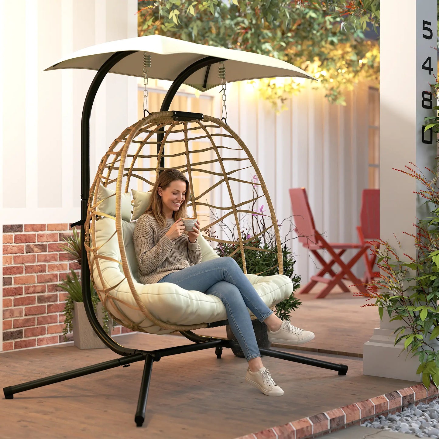 Double Wicker Egg Swing Chair With Canopy, Foldable, Beige Patio Chairs at Gallery Canada