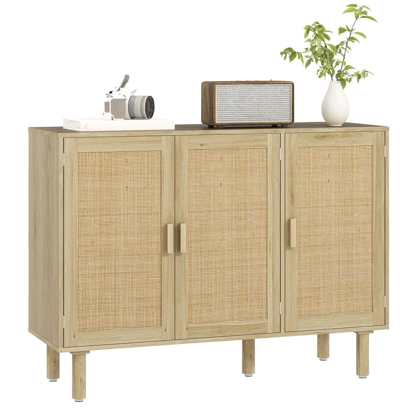 Bohemian Sideboard, 46.9" Buffet Cabinet, 3 Rattan Doors, Shelves, Oak Storage Cabinets at Gallery Canada