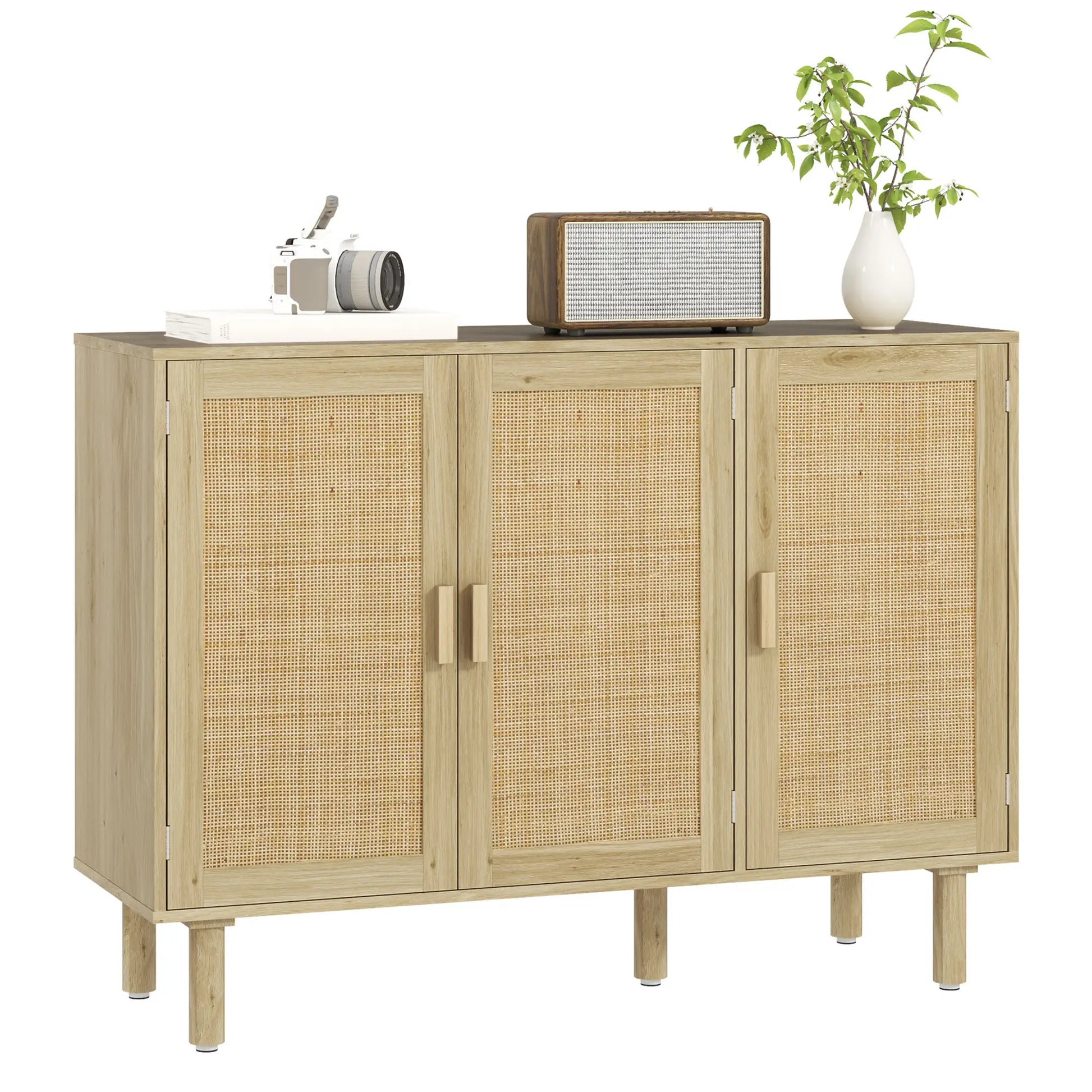 Bohemian Sideboard, 46.9" Buffet Cabinet, 3 Rattan Doors, Shelves, Oak Storage Cabinets at Gallery Canada