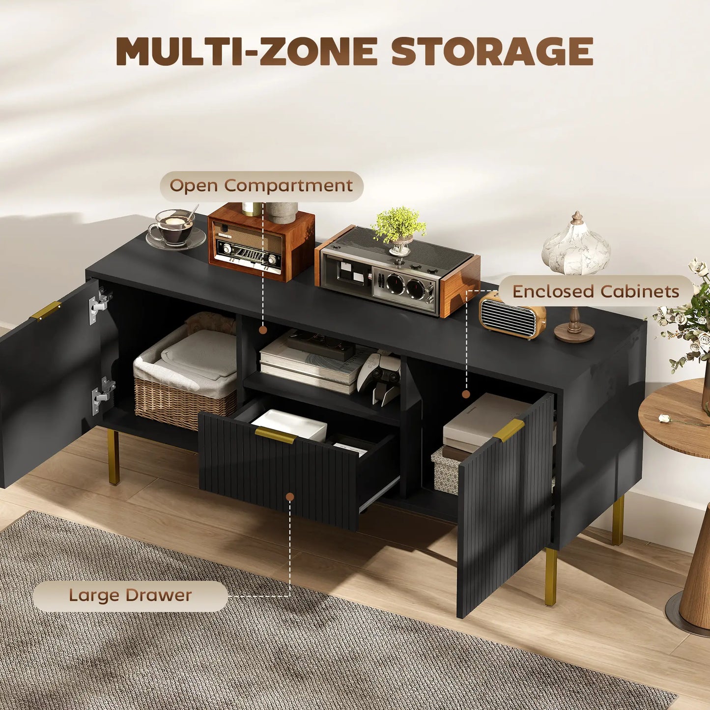 Modern TV Console For 40 Inch TVs, Smart RGB LED Lights, Soft Close Doors, Black TV Stands at Gallery Canada