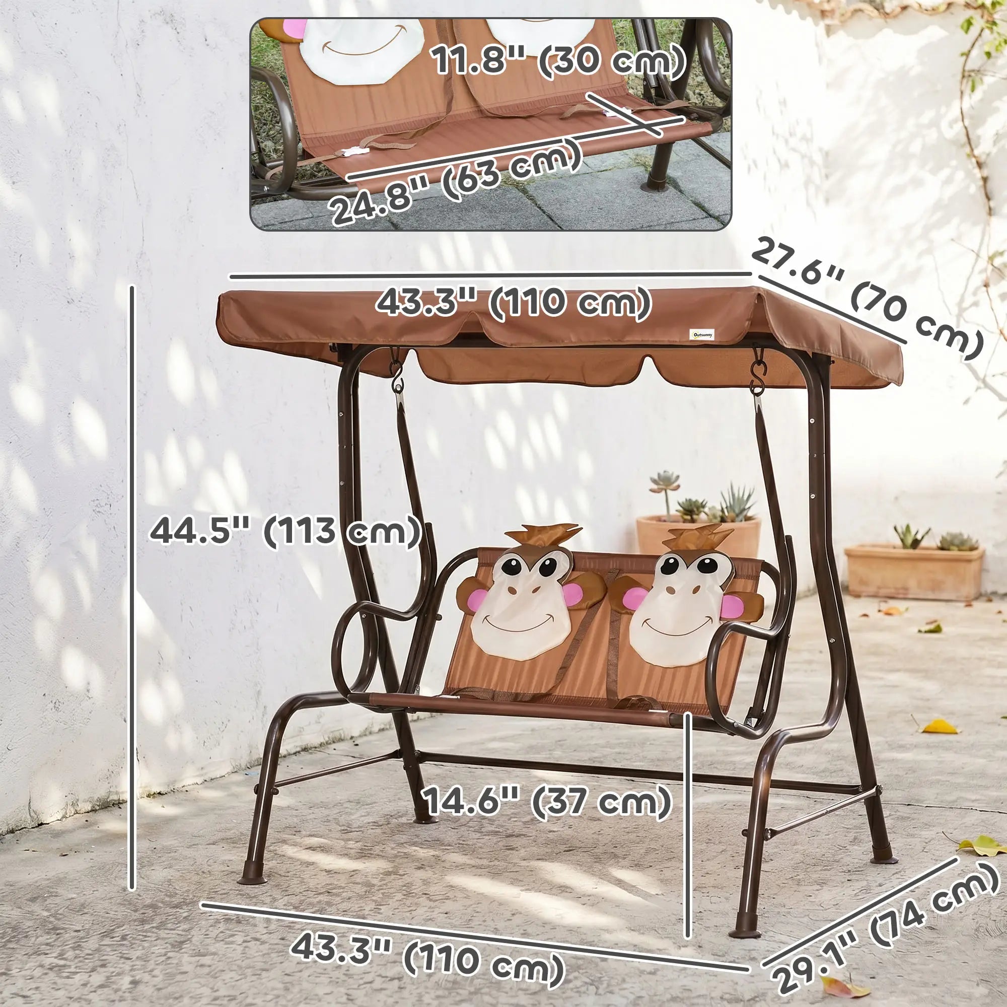 2-Seat Kids Porch Swing, Adjustable Canopy, Seat Belt, Monkey Pattern, 3-6 Years, Coffee Gym Sets & Swings at Gallery Canada