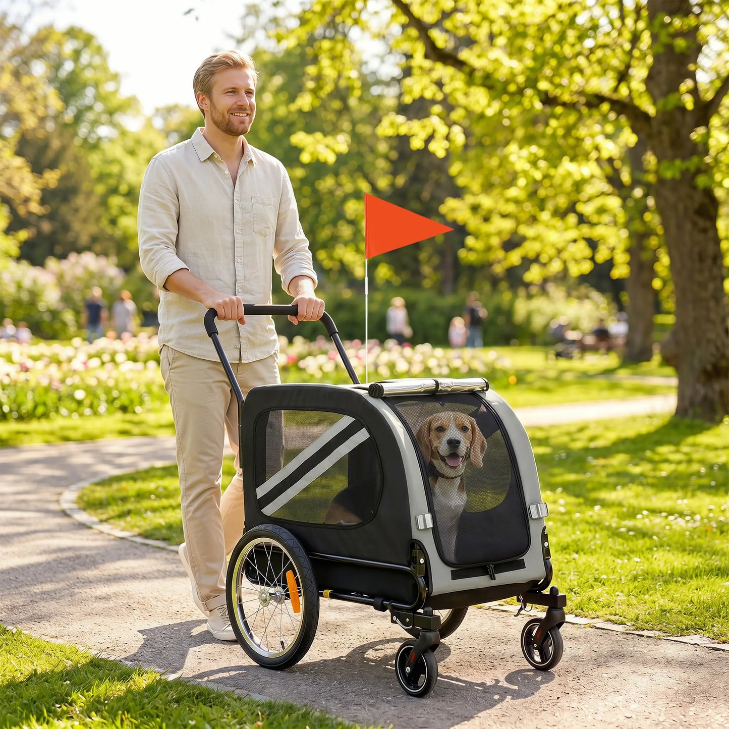 2-in-1 Dog Bike Trailer, Stroller With Reflectors Flag, Grey