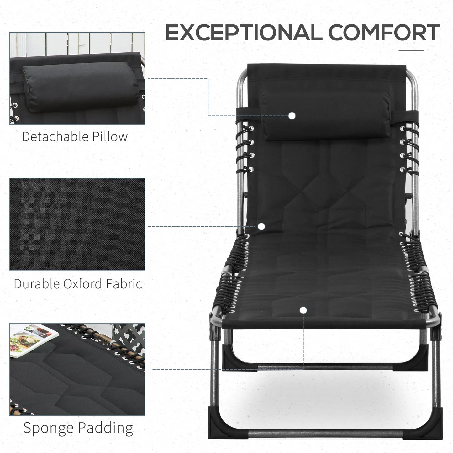 Folding Chaise Lounge Chair, Outdoor Padded Reclining, Adjustable Backrest, Black Lounger Chairs at Gallery Canada