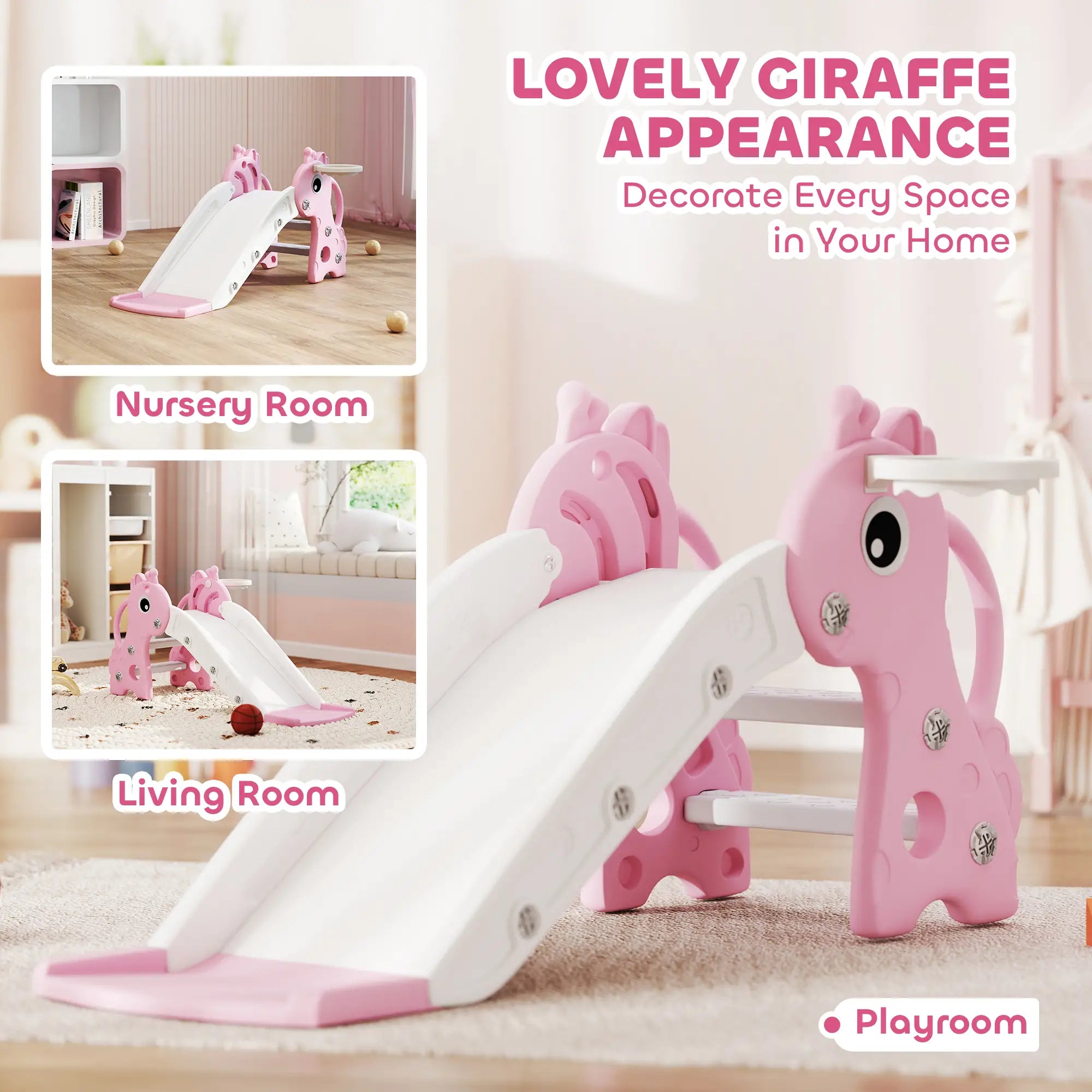 3 in 1 Toddler Slide, Climber, Basketball Hoop, Giraffe Design, Pink Gym Sets & Swings at Gallery Canada