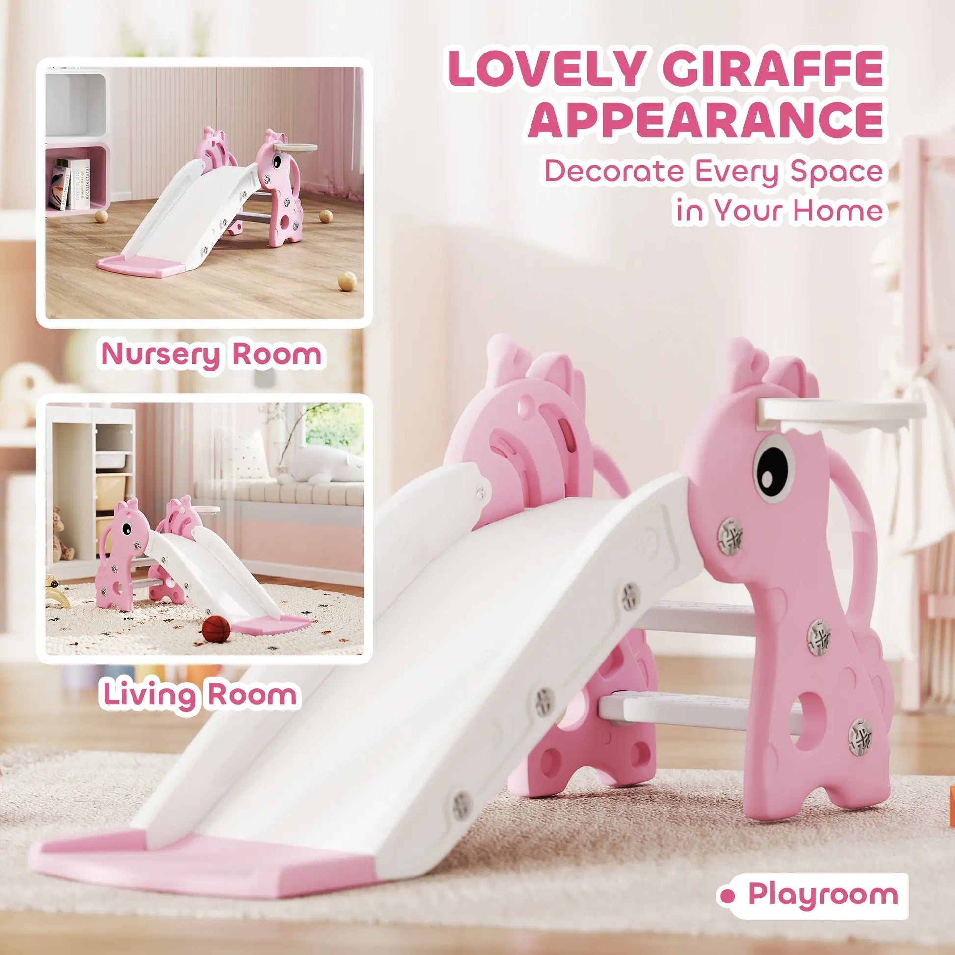 3 in 1 Toddler Slide, Climber, Basketball Hoop, Giraffe Design, Pink Gym Sets & Swings at Gallery Canada
