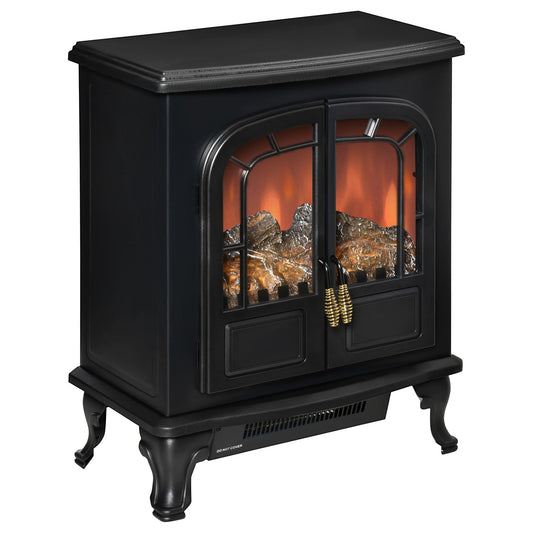 Electric Fireplace Stove Heater with LED Fire Flame Effect, Double Door, Freestanding &; Portable with Overheat Protection, 750W/1500W, Black - Gallery Canada