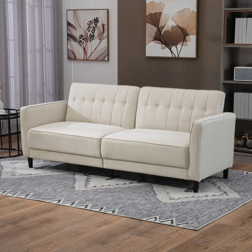 Convertible Bed, Button Tufted Fabric Sofa Bed, Adjustable Back, Beige