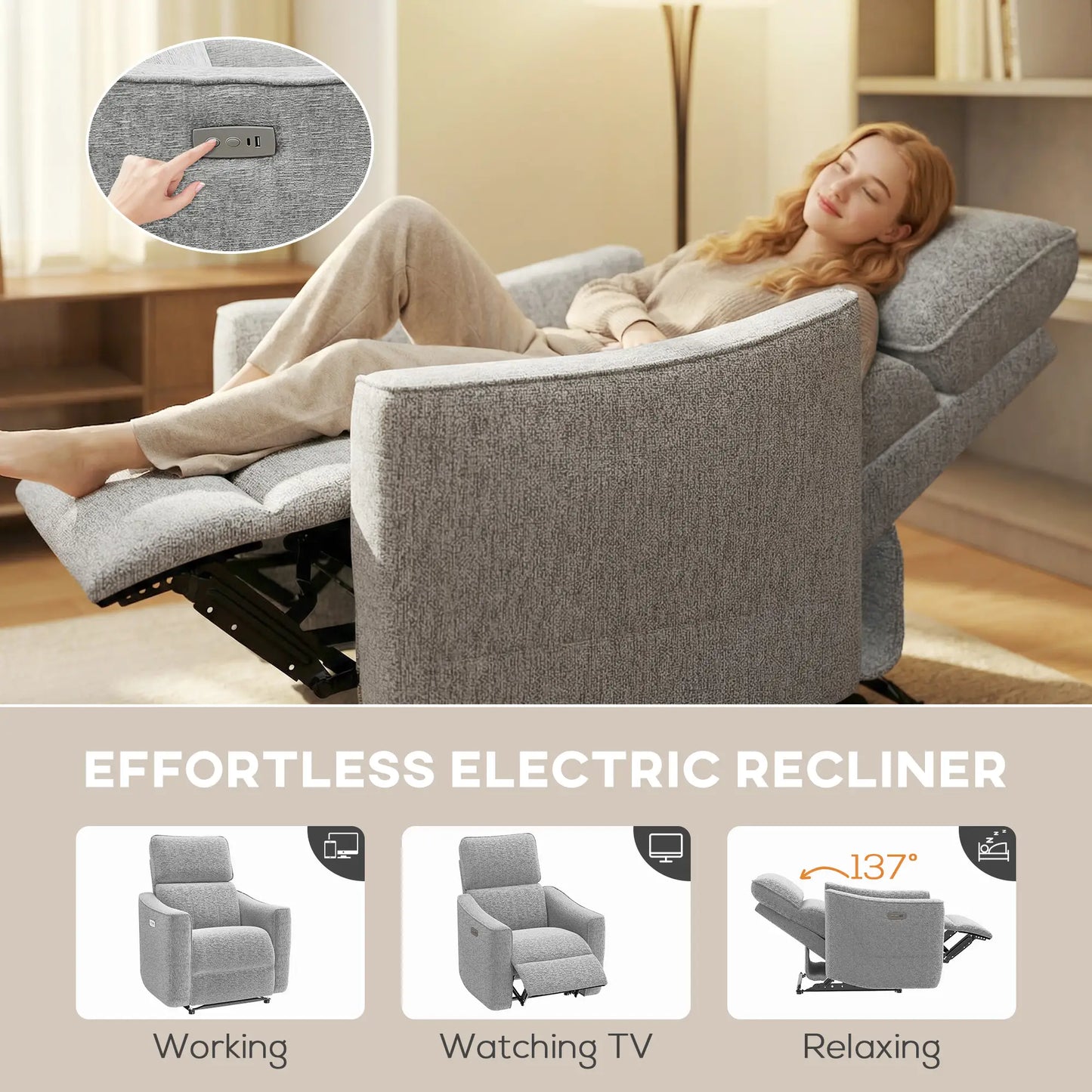 Power Recliner Chair, Linen Fabric, USB Ports, Footrest, Grey Sofas & Reclining Chairs at Gallery Canada