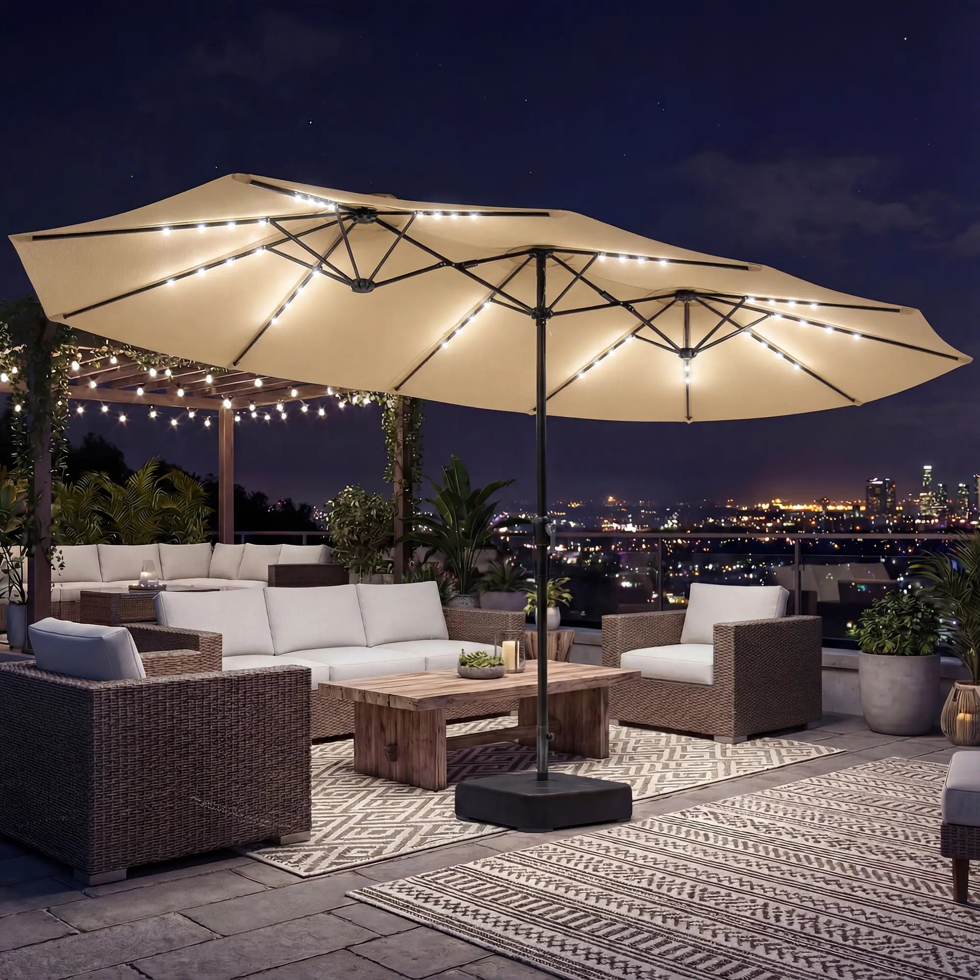 Double Sided Patio Umbrella, 15ft, LED Lights, Base Included, Khaki Double-sided Umbrellas at Gallery Canada