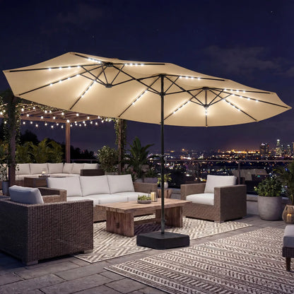 Double Sided Patio Umbrella, 15ft, LED Lights, Base Included, Khaki Double-sided Umbrellas at Gallery Canada