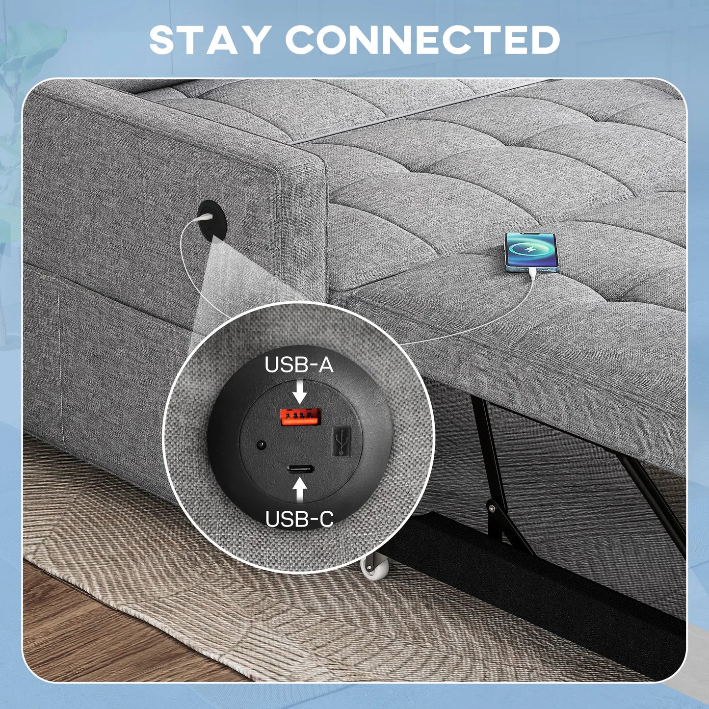 Pull Out Sofa Bed, Sleeper Couch with USB, Small Linen Loveseat, Grey 2-Seater Sofas at Gallery Canada