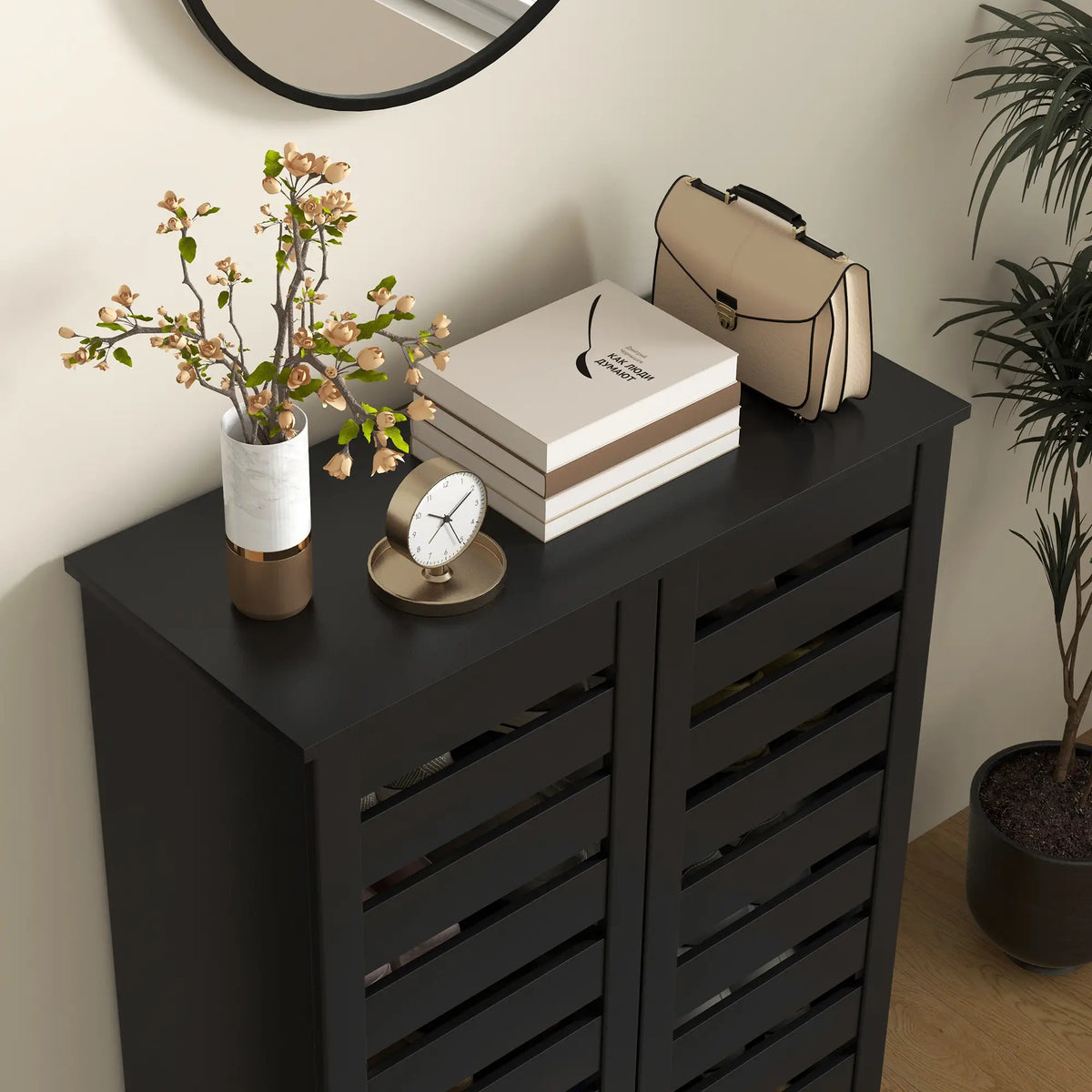 Shoe Storage Cabinet, 2 Slatted Doors, Holds 15 Pairs, Black