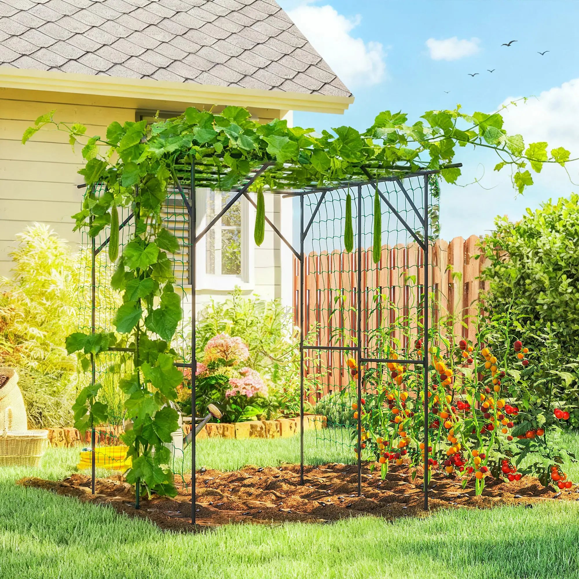 6.4FT Tall Metal Garden Arch Trellis, Plant Support With Climbing Net Plant Stands at Gallery Canada