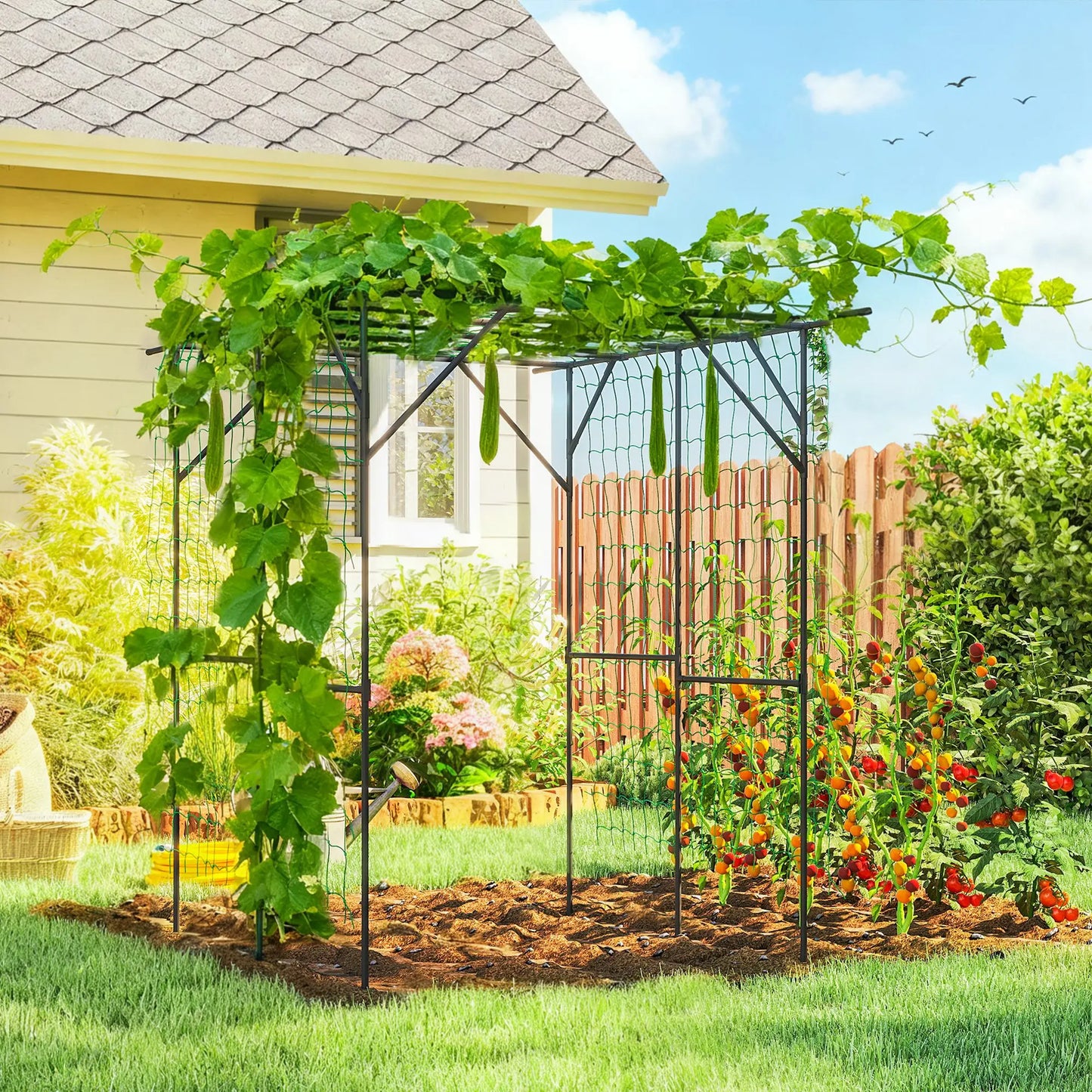 6.4FT Tall Metal Garden Arch Trellis, Plant Support With Climbing Net Plant Stands at Gallery Canada