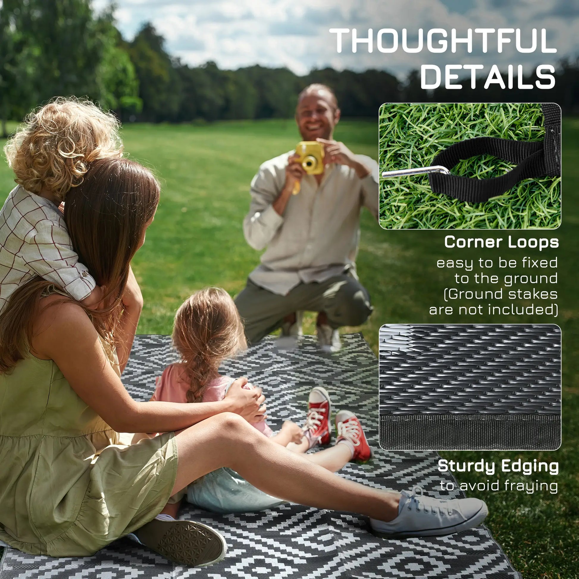 Reversible Outdoor Rug, Waterproof Plastic Straw, 8' x 10', Geometric, Black Grey Outdoor Reversible Rugs at Gallery Canada