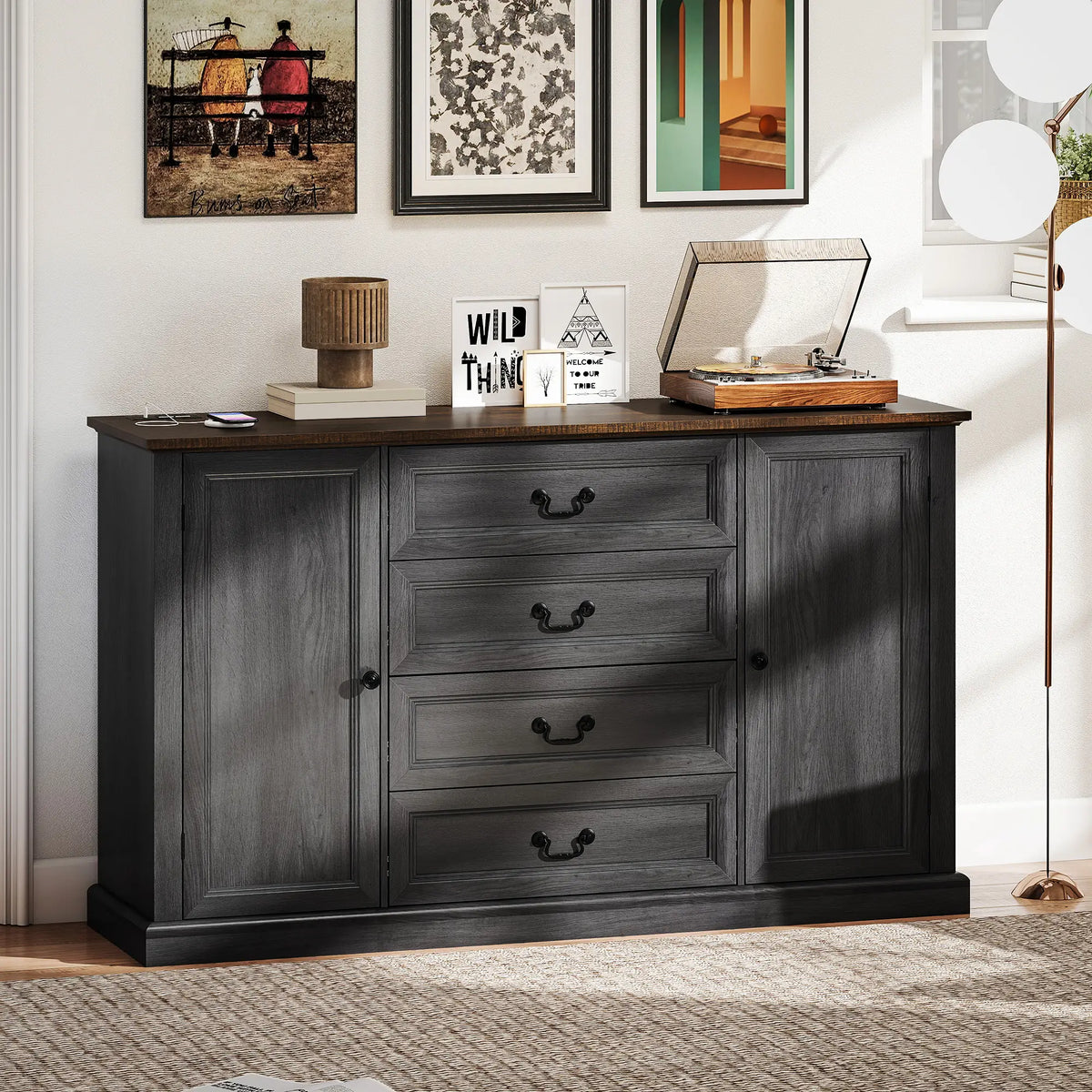 Farmhouse Sideboard with Charging Station, 58" Buffet Cabinet, Black