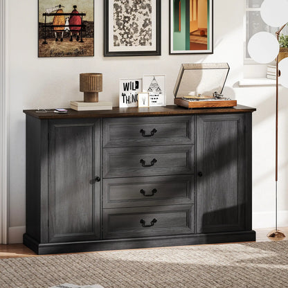 Farmhouse Sideboard with Charging Station, 58" Buffet Cabinet, Black