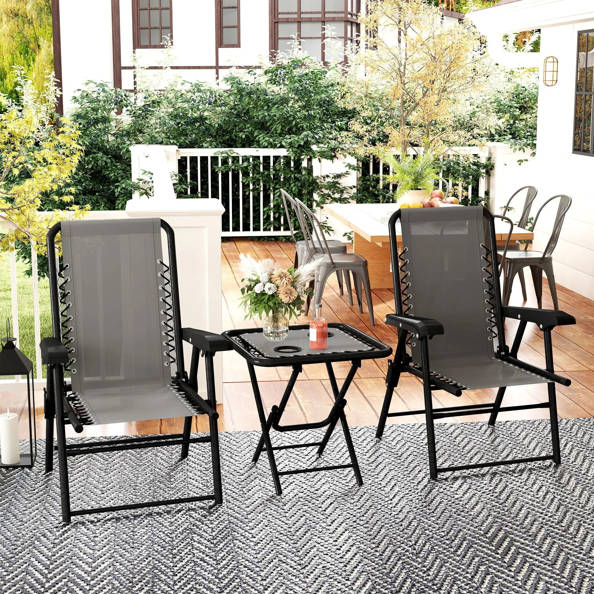 3 Piece Patio Bistro Set, Outdoor Folding Table And Chairs, Metal Furniture With Cup Holders Bistro Sets at Gallery Canada