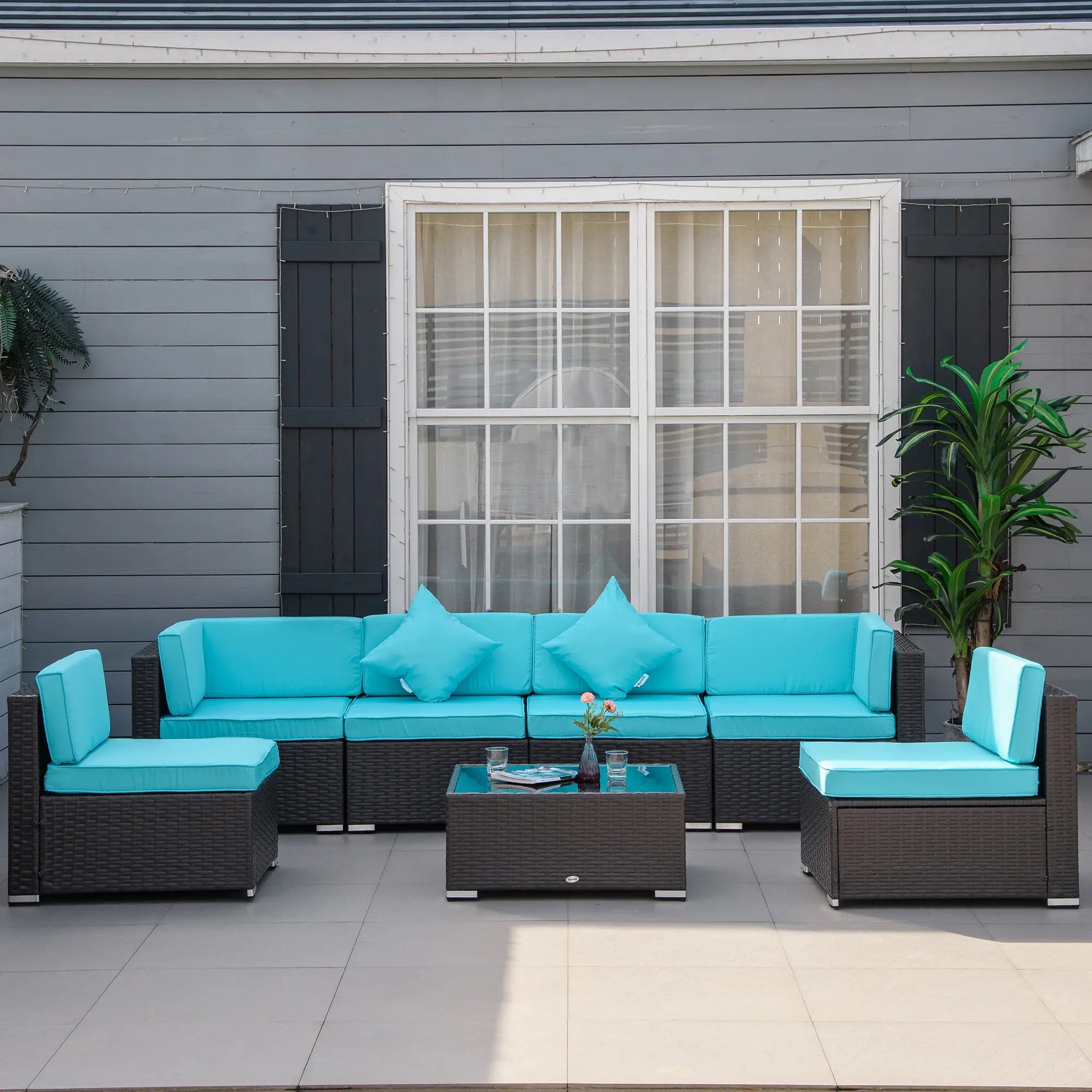 7-Piece Outdoor Wicker Sectional Sofa, Deep Coffee, Light Blue Patio Furniture Sets at Gallery Canada