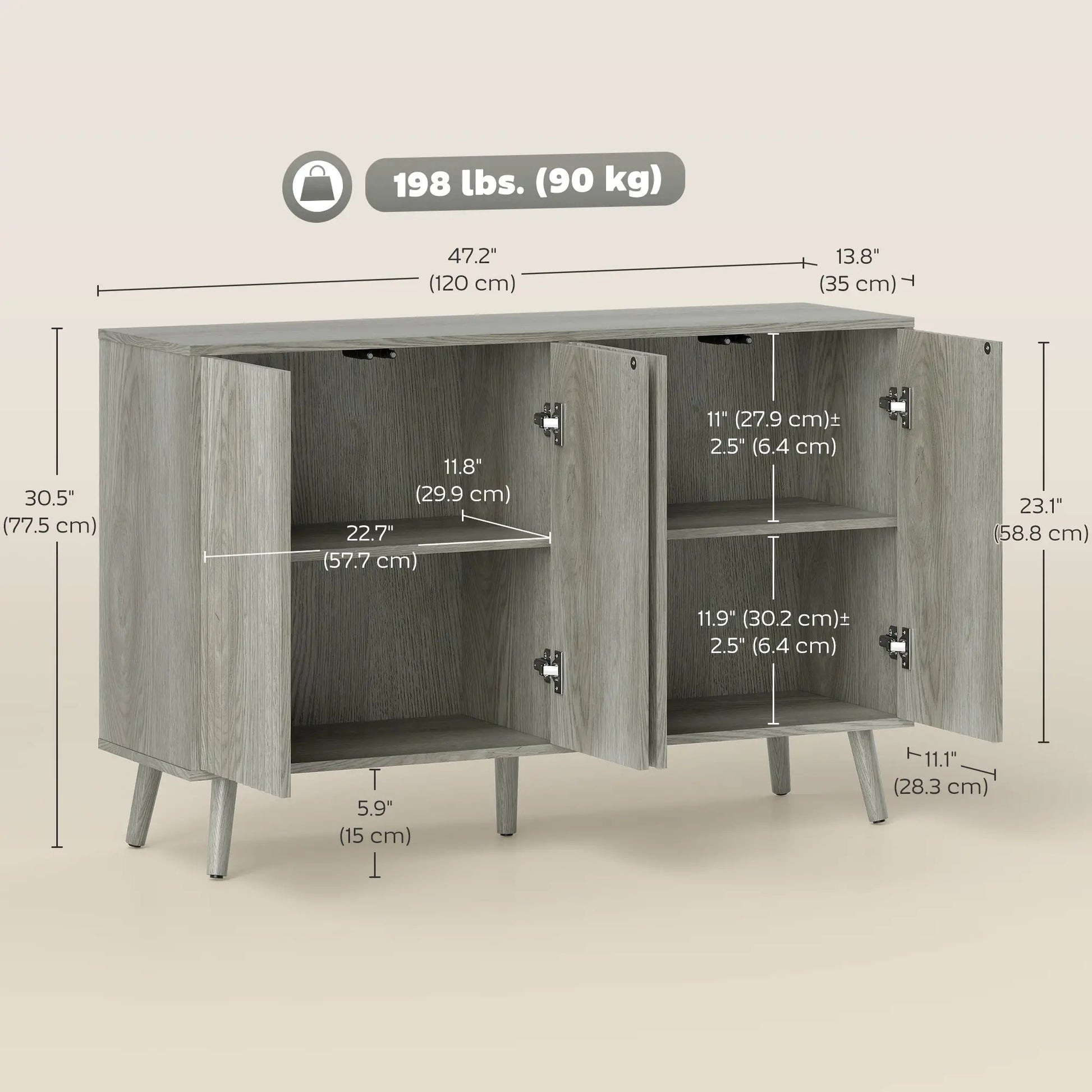 Fluted Sideboard with Adjustable Shelves, Light Grey Bar Cabinets at Gallery Canada