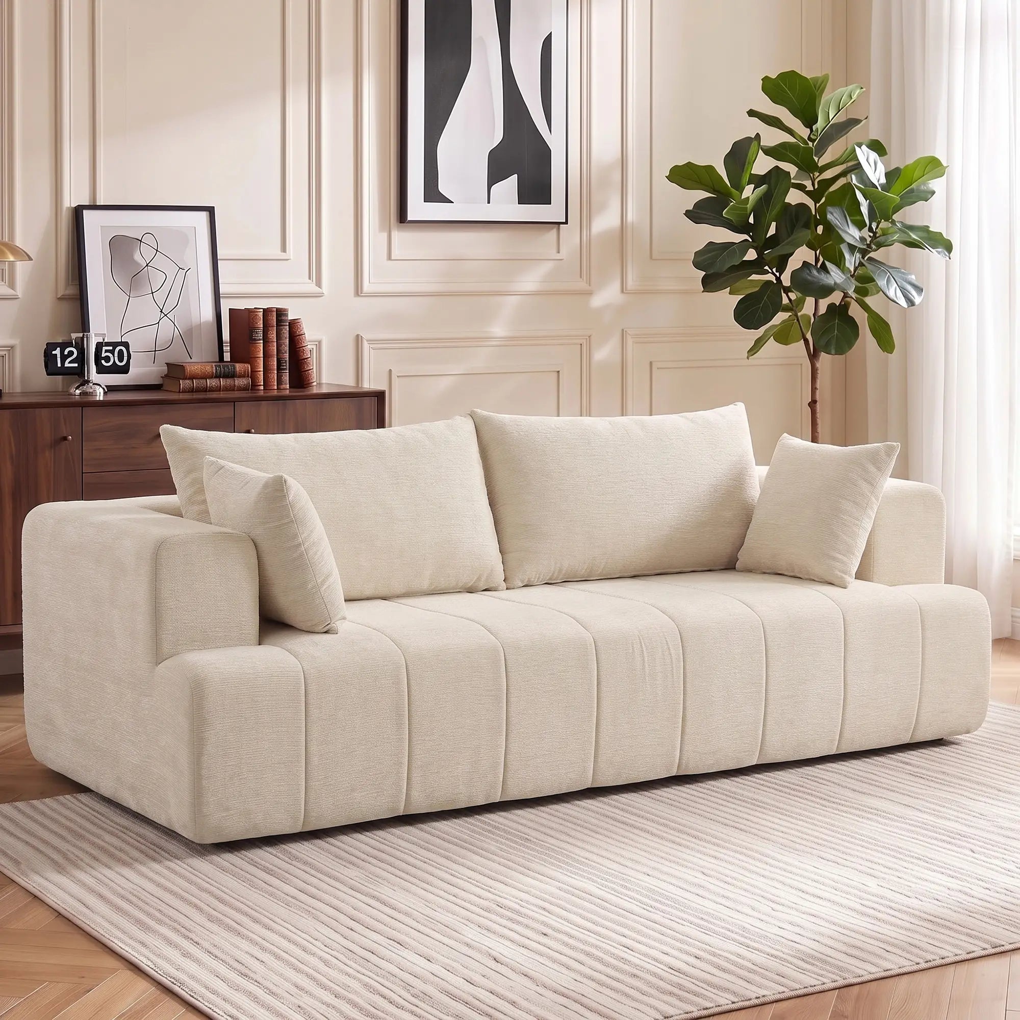 3 Seater Chenille Cloud Couch, Spring Cushion, Beige 3-Seater Sofas at Gallery Canada