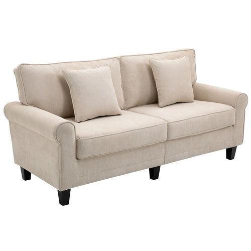 Modern 3 Seater Sofa, Corduroy Fabric, Pine Wood Legs, Beige