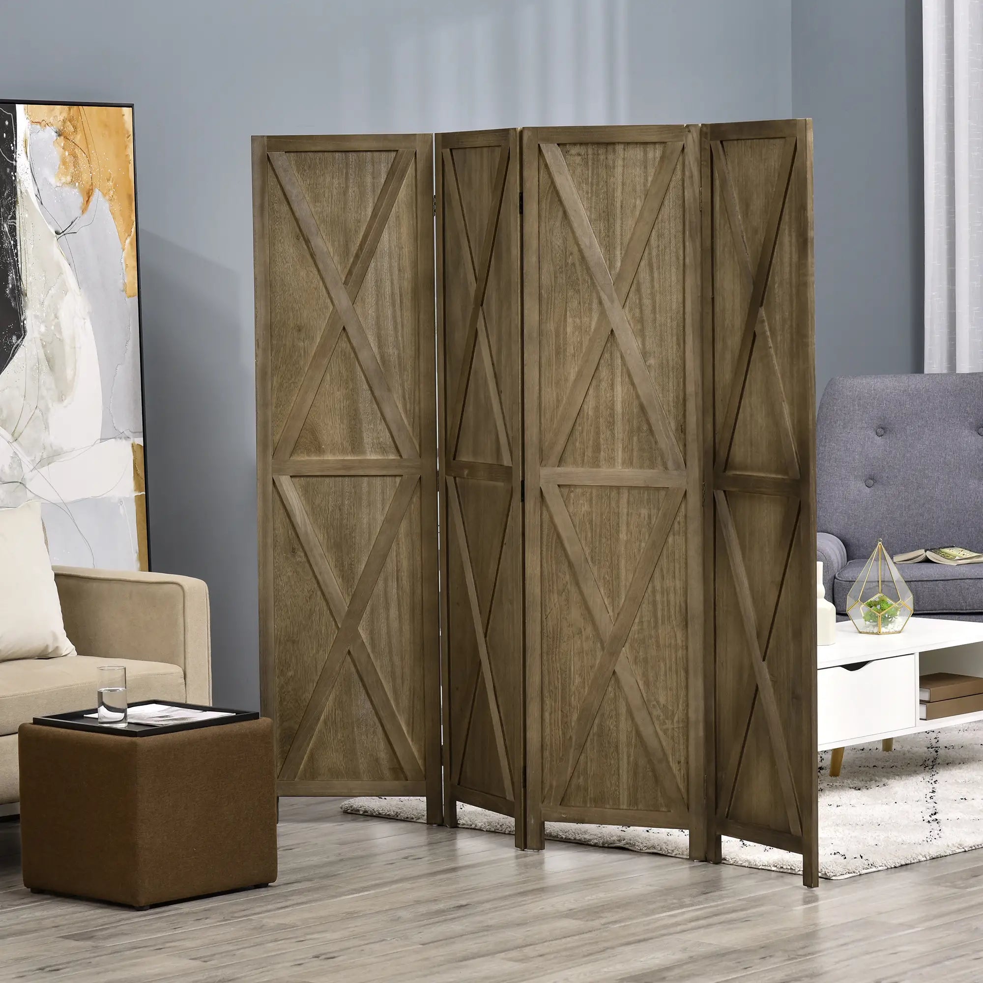 4-Panel Farmhouse Room Divider, Foldable Wooden Frame 5.6FT, Brown Room Dividers at Gallery Canada