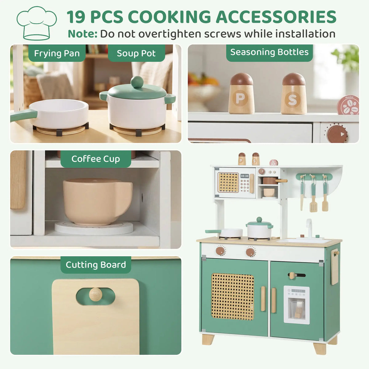 Wooden Play Kitchen Set, 19PCs, Ages 3-6, Green
