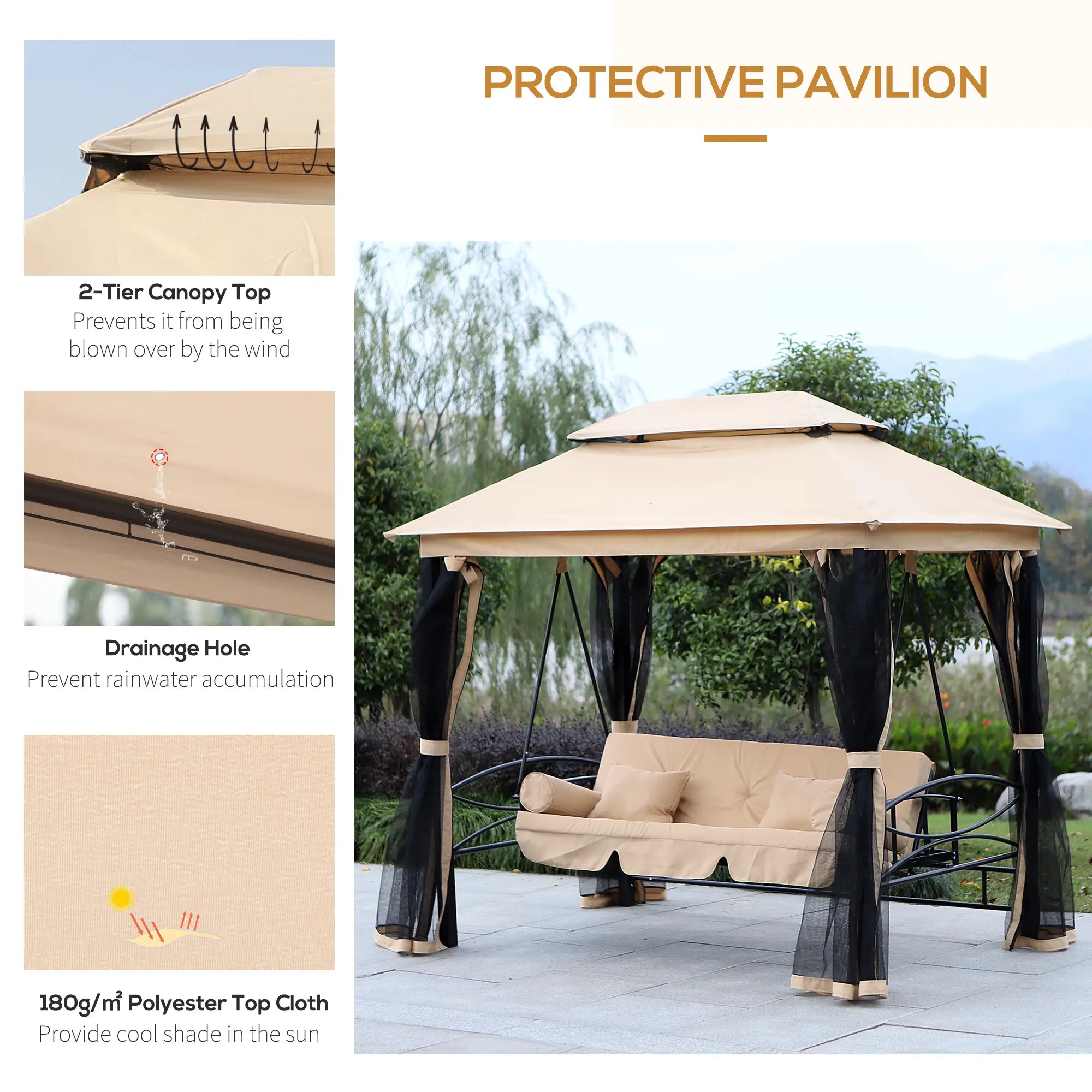 3 Person Outdoor Daybed, Canopy Gazebo Swing Chair, Mesh Mosquito Net, Sun Shade, Beige Porch Swings with Canopy at Gallery Canada