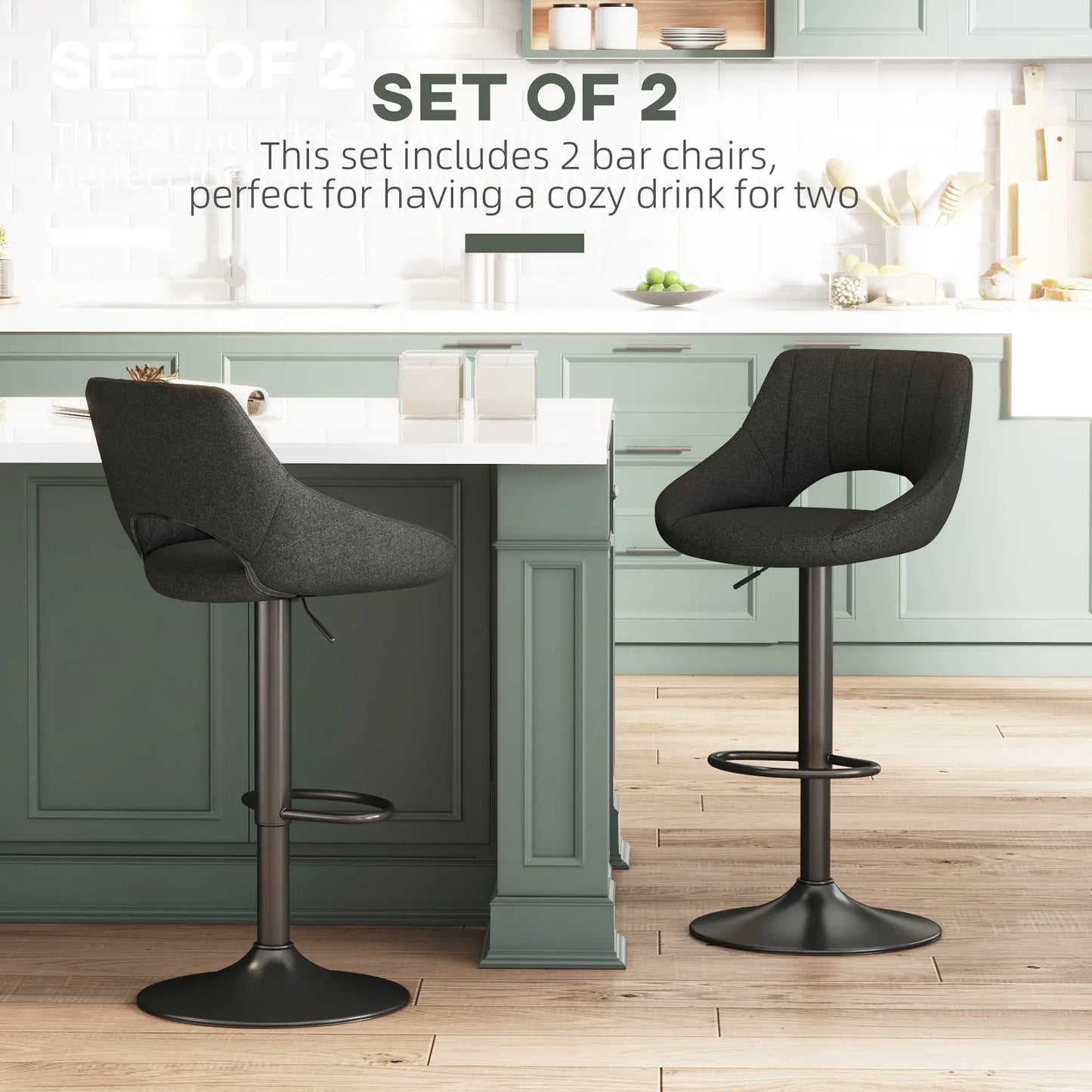 Swivel Bar Stools Set of 2, Linen Upholstered, Round Metal Base Bar Stools at Gallery Canada