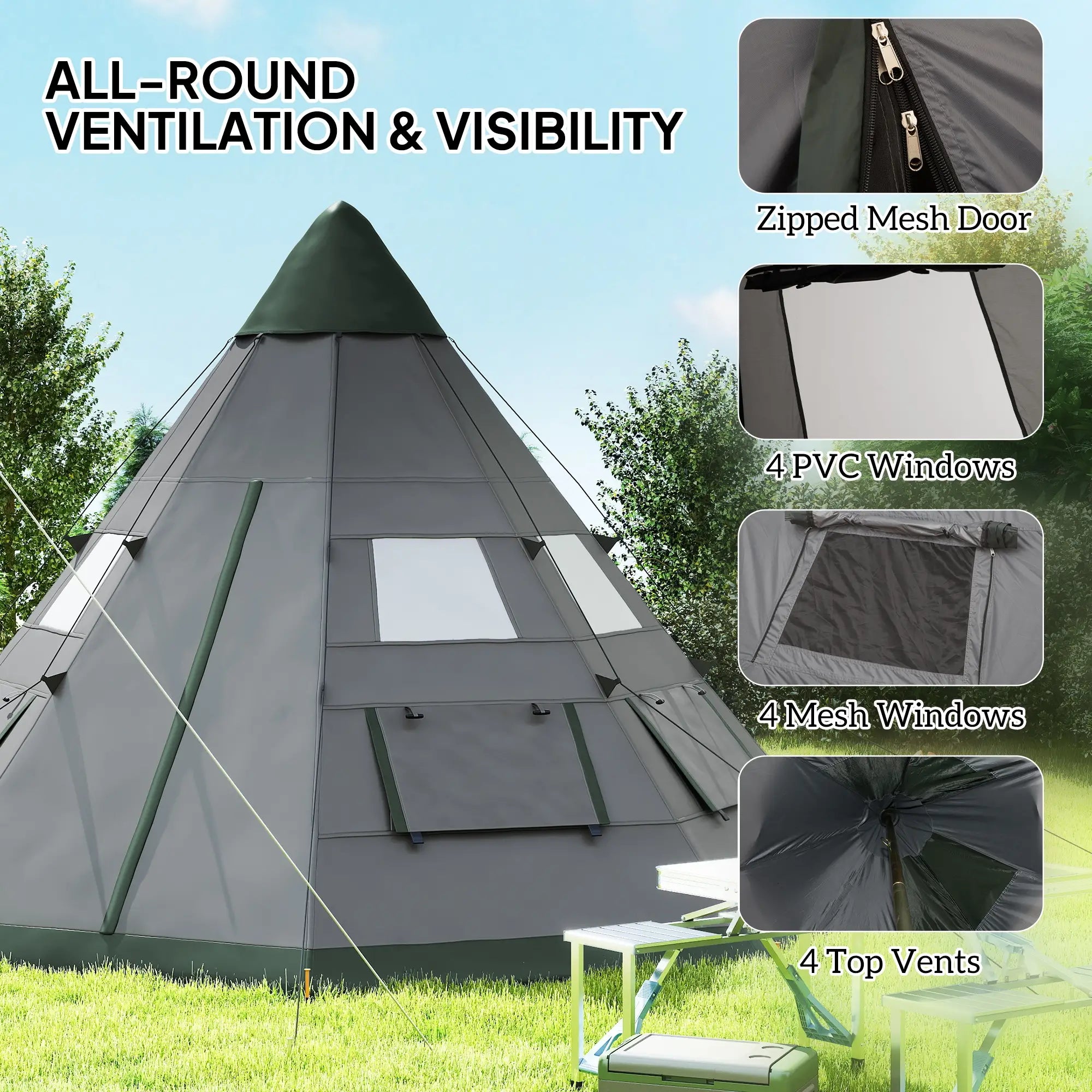 6 Person Family Teepee Tent, Mesh Windows, Floor, Carry Bag, Grey Camping Tents at Gallery Canada