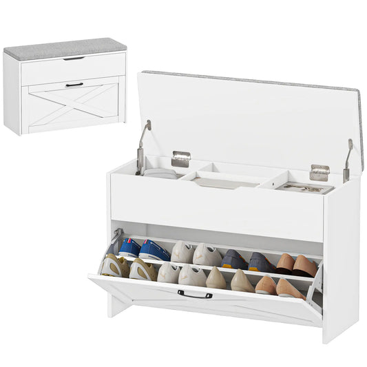 Shoe Storage Bench with Flip Drawer, Lift Top, Seat Cushion, White Shoe Storage Cabinets & Racks White, Grey at Gallery Canada