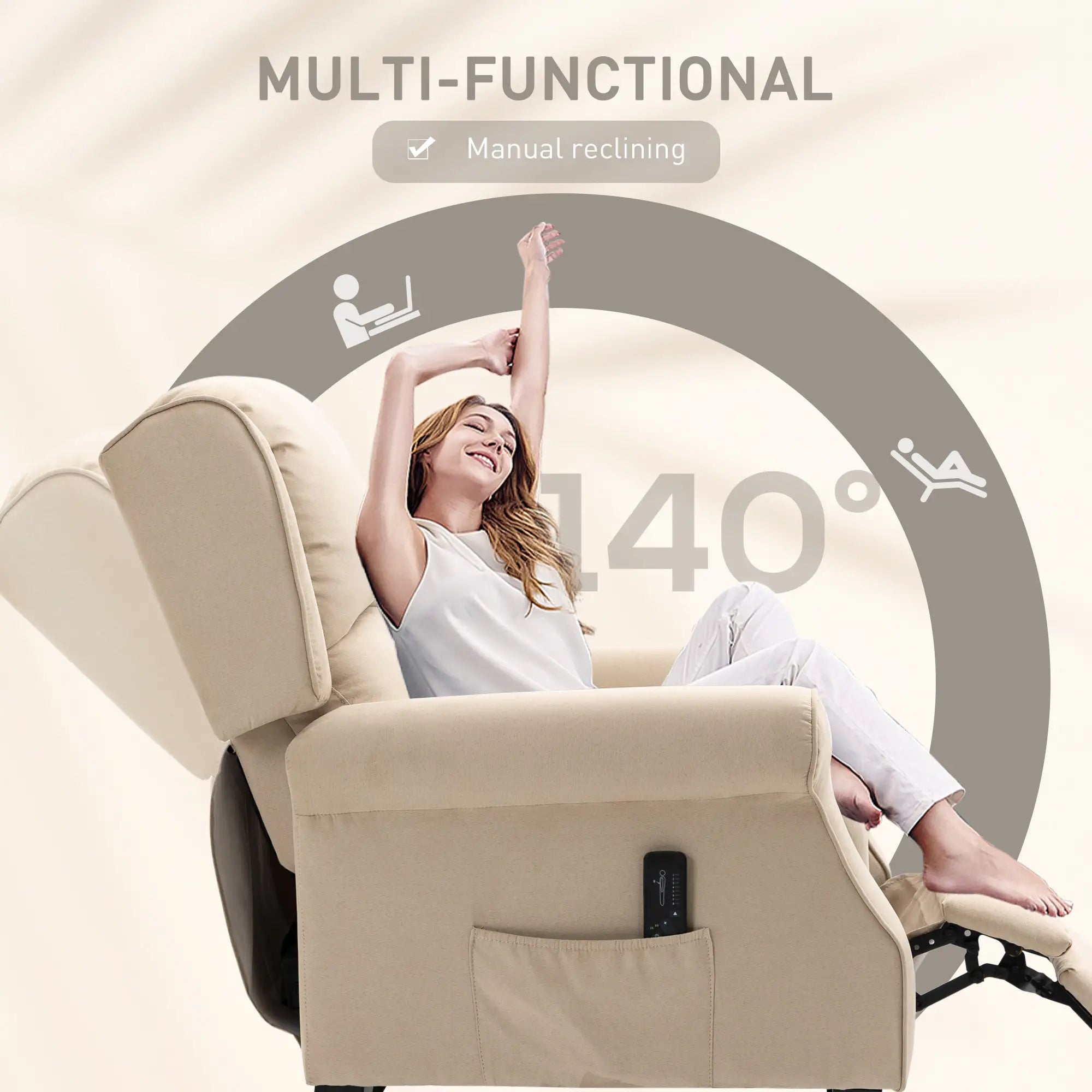 Massage Recliner Chair, Suede Wingback with Footrest, Wood Legs, Remote, Beige Single Sofas at Gallery Canada