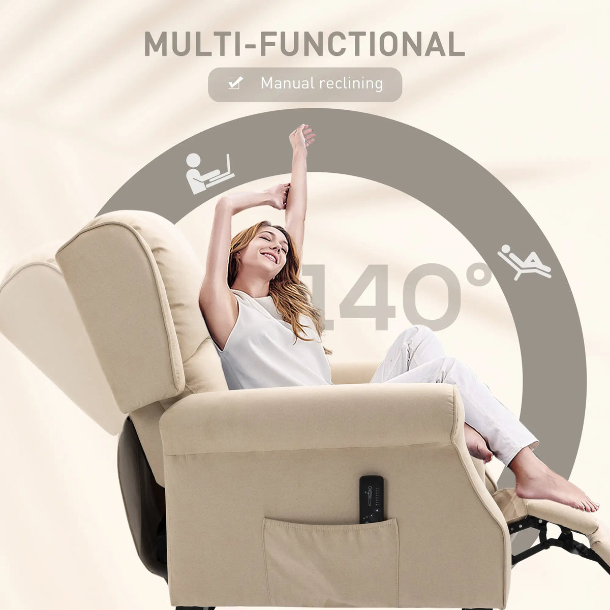 Massage Recliner Chair, Suede Wingback with Footrest, Wood Legs, Remote, Beige Single Sofas at Gallery Canada