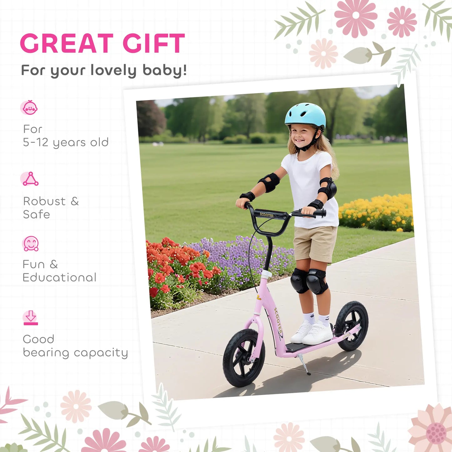Kids Scooter Bike, 12'' Tire, for 5-12 Year Old, Pink Scooters at Gallery Canada
