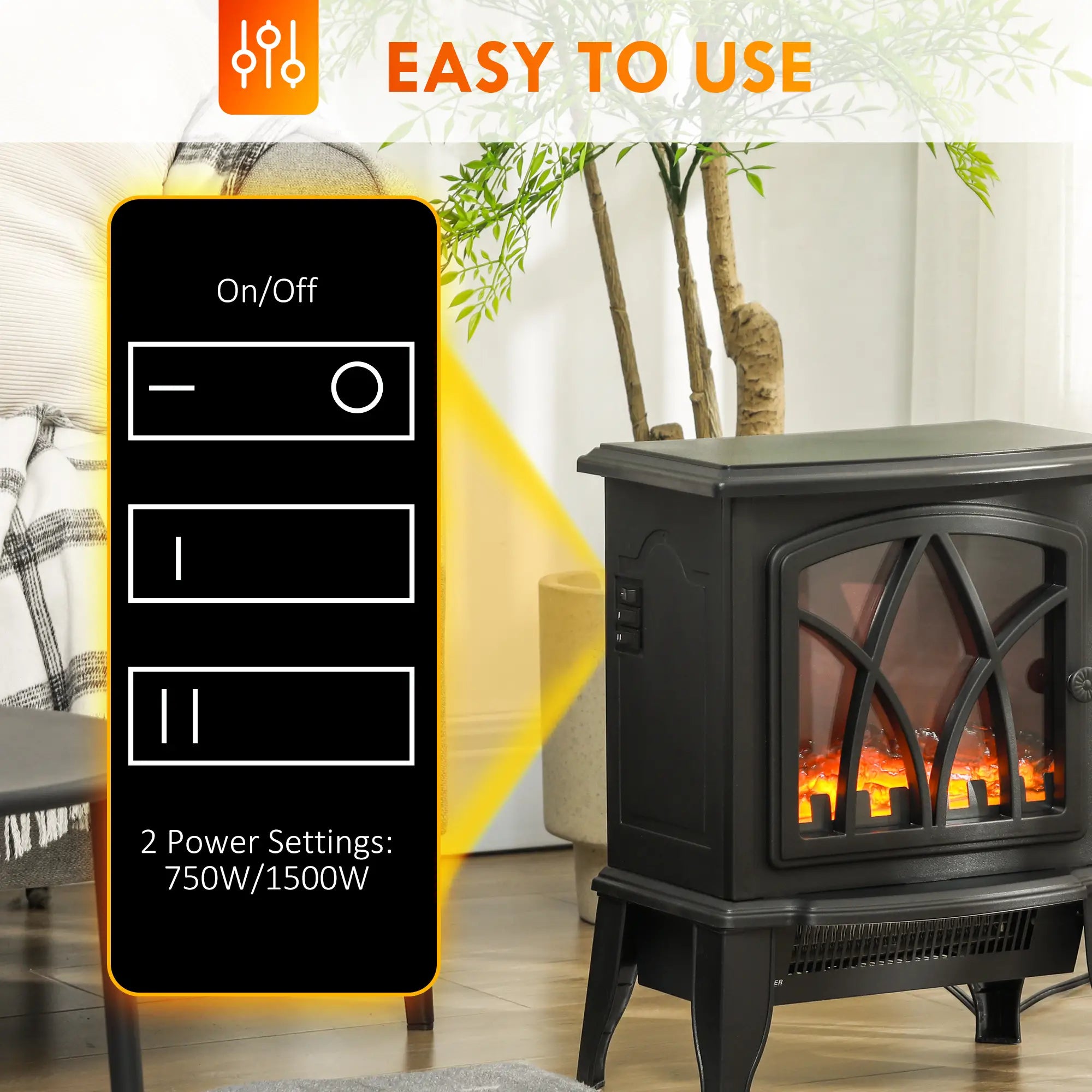 Electric Fireplace Heater, Freestanding Stove, Realistic Flame, Overheat Protection, 750W/1500W, Black Electric Fireplaces at Gallery Canada