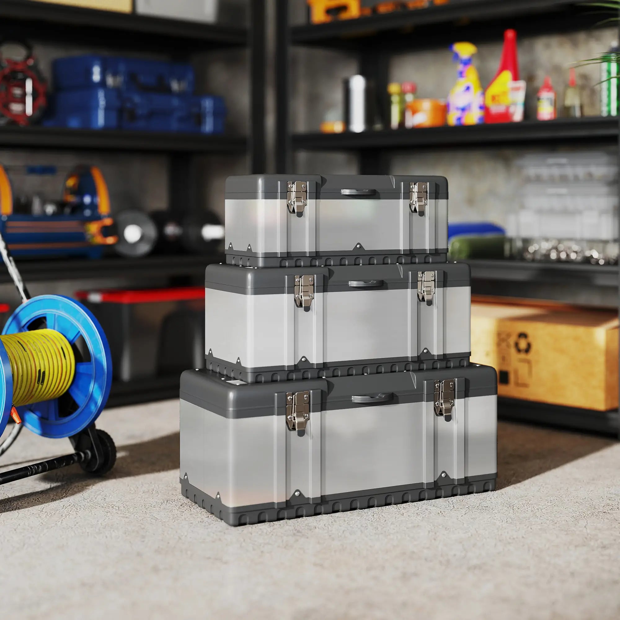 3 Pc Stainless Steel Tool Box Set, With Tray, Handles, Latches Tool Organizers at Gallery Canada