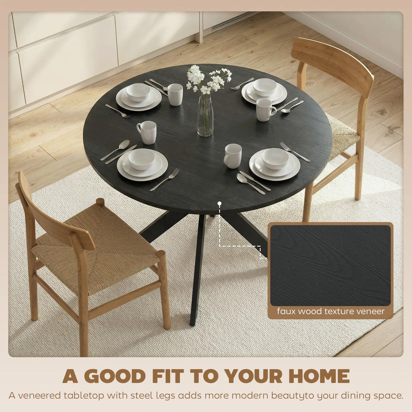 39" Dining Table, Round Kitchen Table, Steel Legs, Wood Grain, Black Dining Tables at Gallery Canada