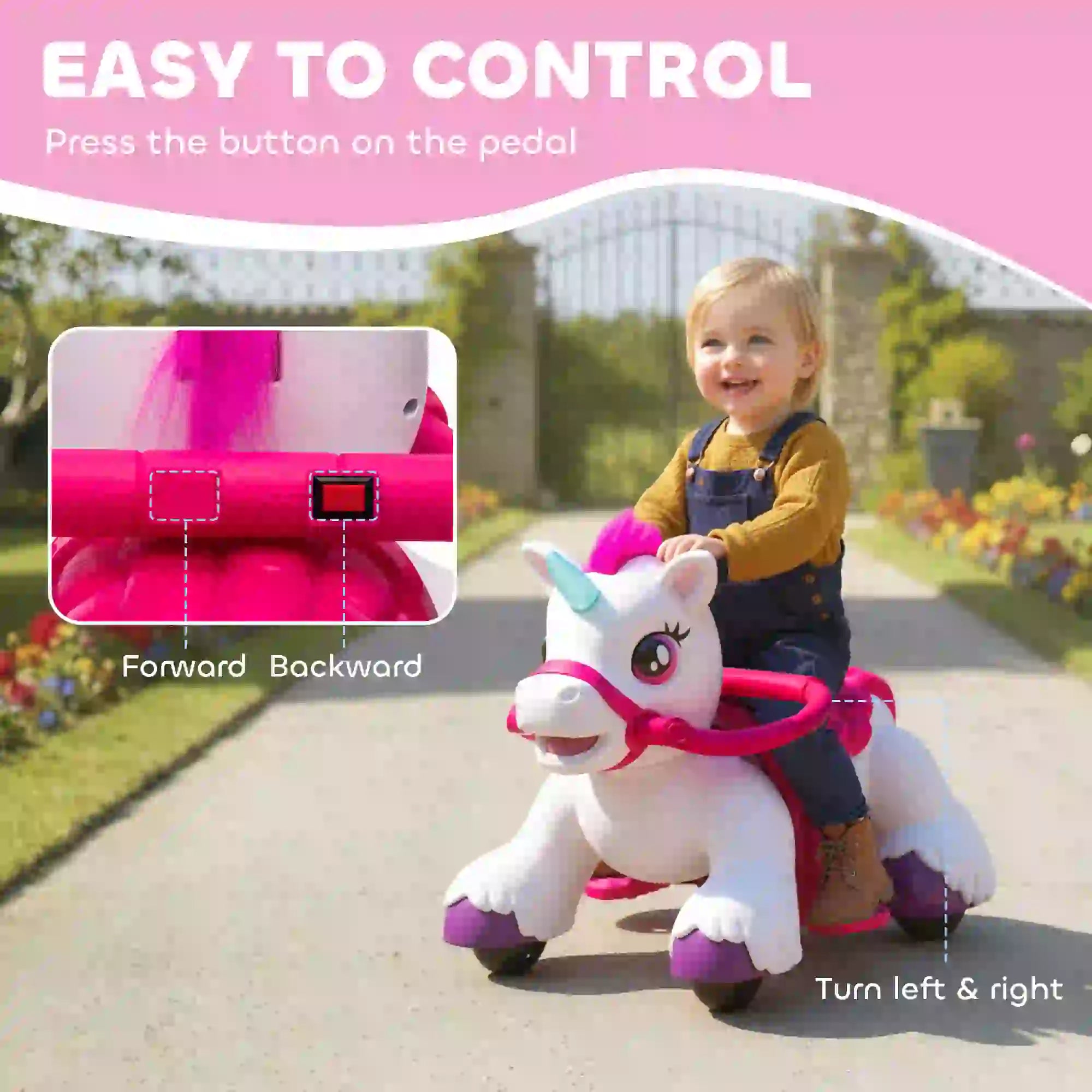 12V Unicorn Ride on Toy, Battery Powered, Carrot Toy, Comb, Animal Sounds Rocking Horses at Gallery Canada