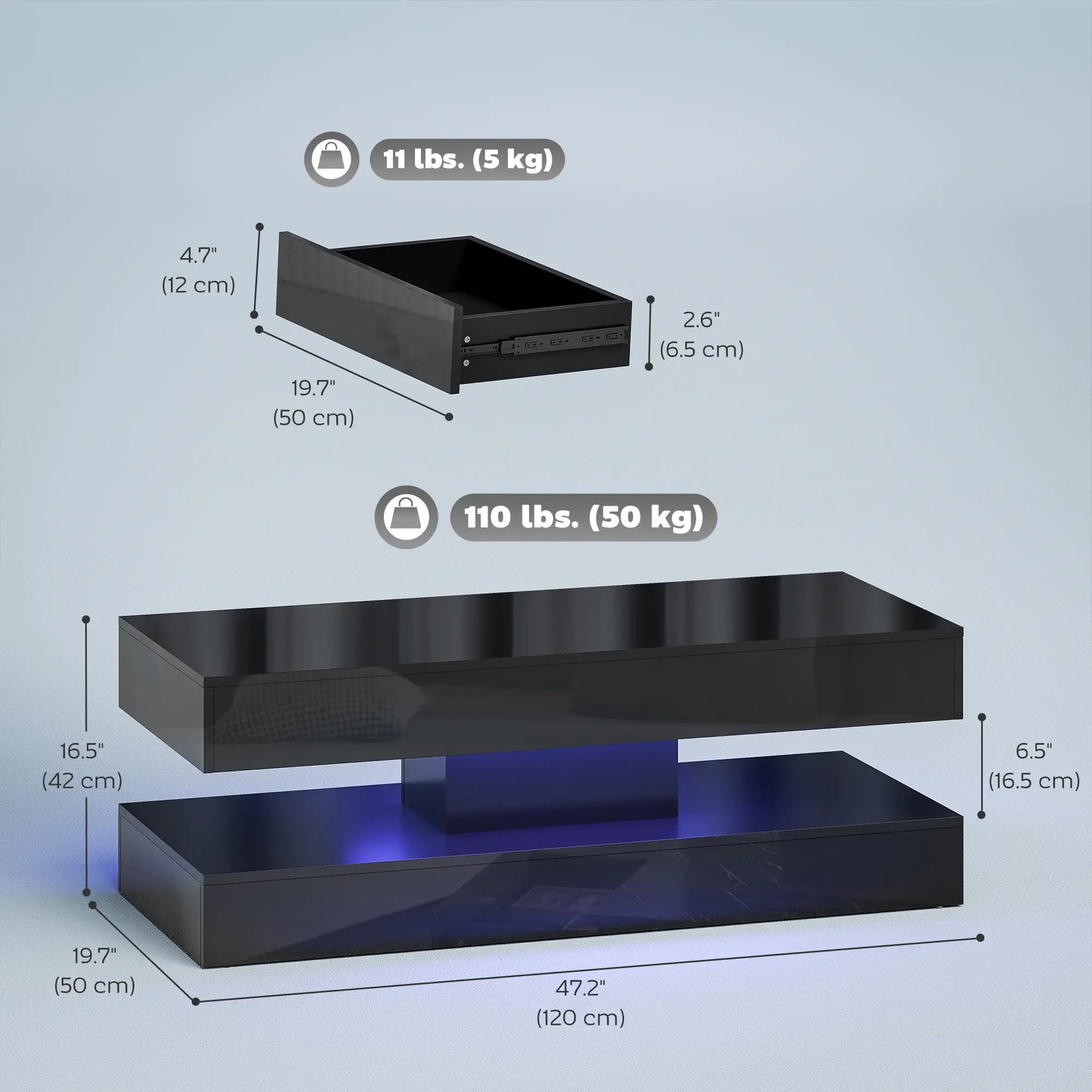 Adjustable LED Coffee Table, Modern Living Room Table, 2 Drawers, Open Shelf, Remote, High Gloss Black Coffee Tables at Gallery Canada