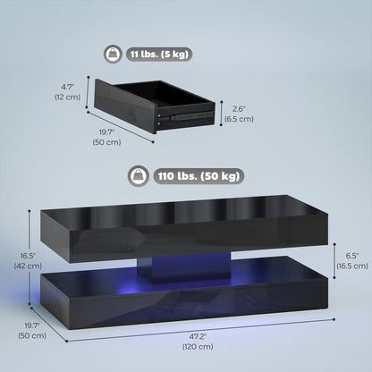 Adjustable LED Coffee Table, Modern Living Room Table, 2 Drawers, Open Shelf, Remote, High Gloss Black Coffee Tables at Gallery Canada