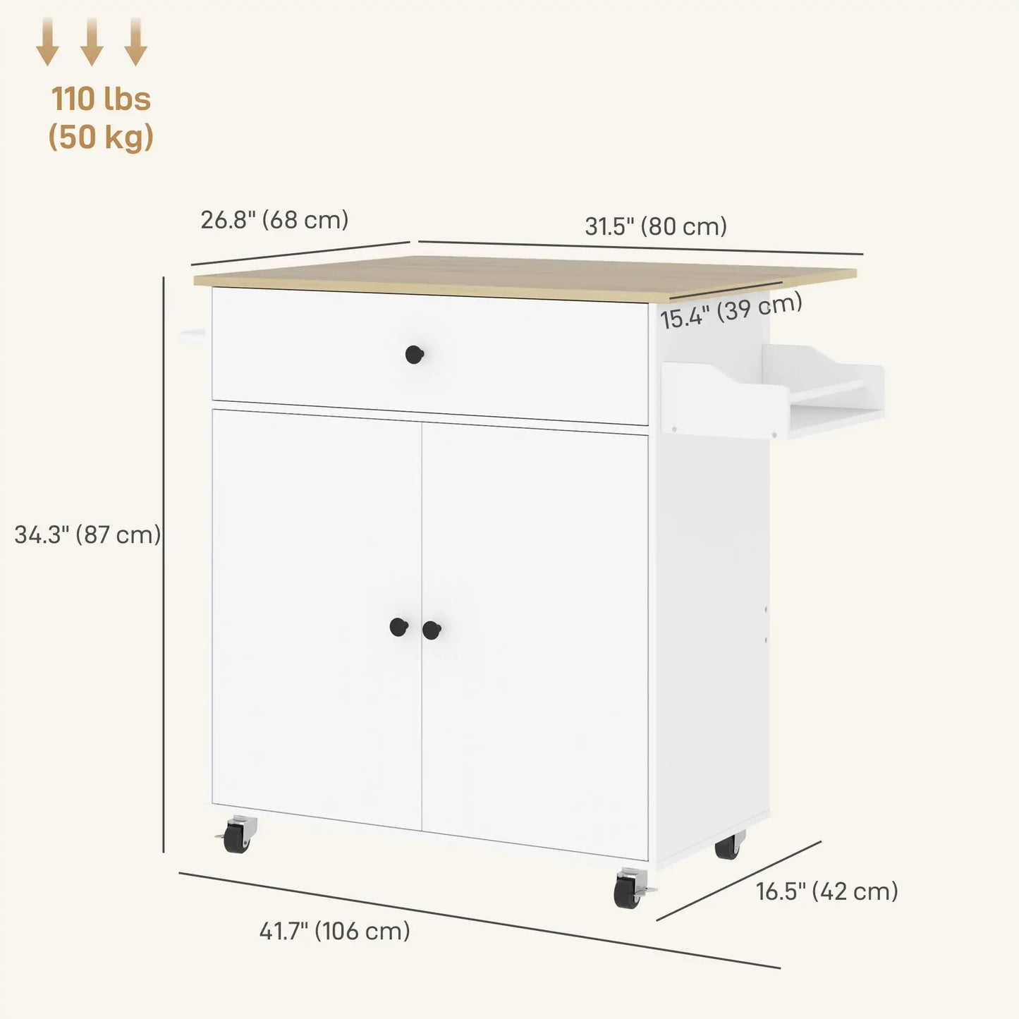 Rolling Kitchen Island With Drop Leaf, Storage Cart With Drawer, White Kitchen Islands & Kitchen Carts at Gallery Canada